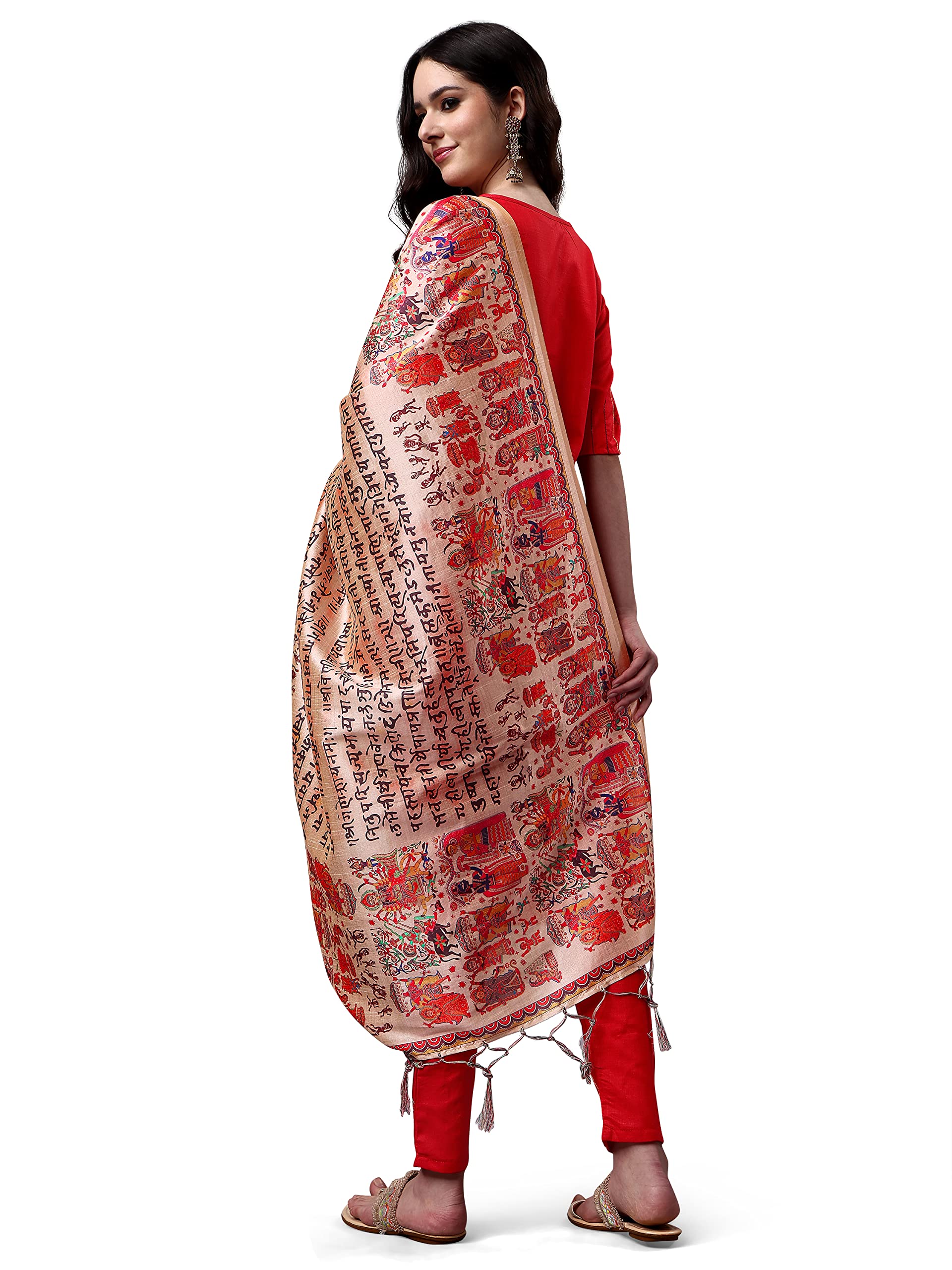 Red Cotton Kurta Pant Dupatta Set for Women - Image 5