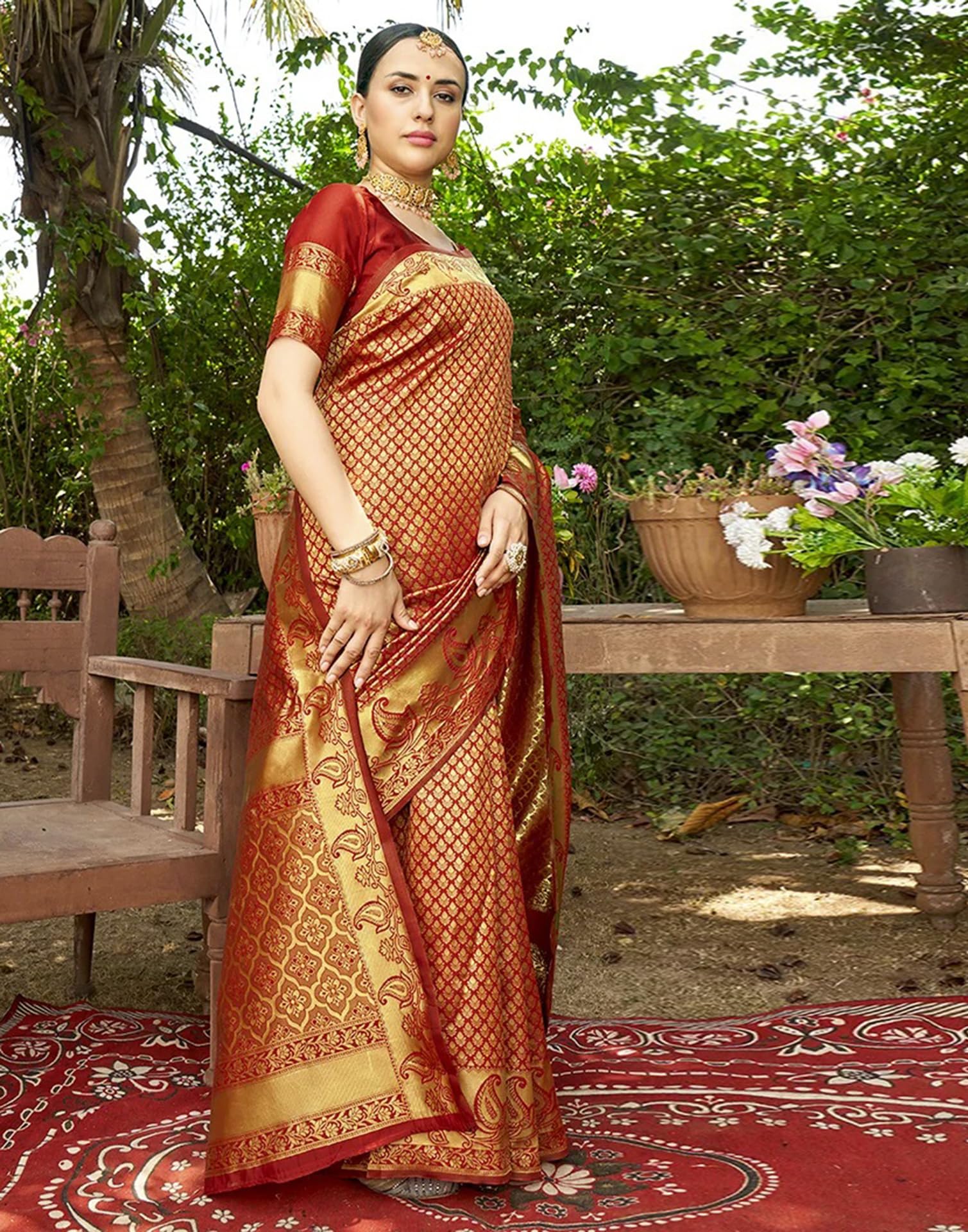 Banarasi Silk Saree with Unstitched Blouse - Red & Golden - Image 2