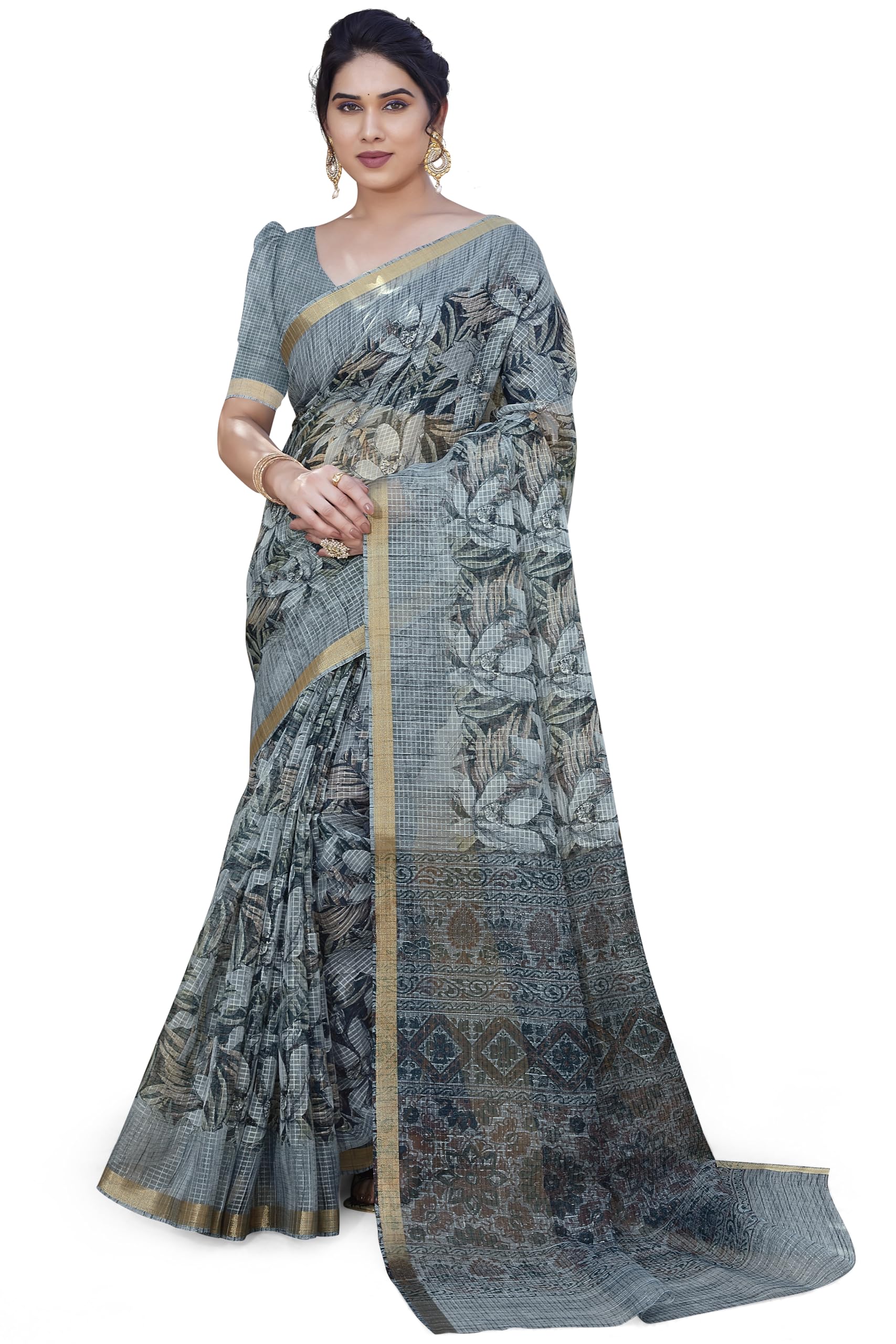 MIRCHI FASHION Women's Kota Doria Cotton Saree - Greyish Blue