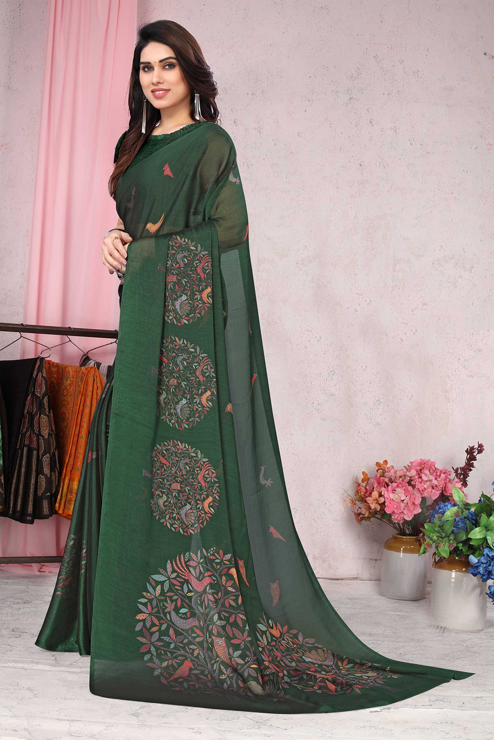 MIRCHI FASHION Green Madhubani Printed Chiffon Saree for Women - Image 4