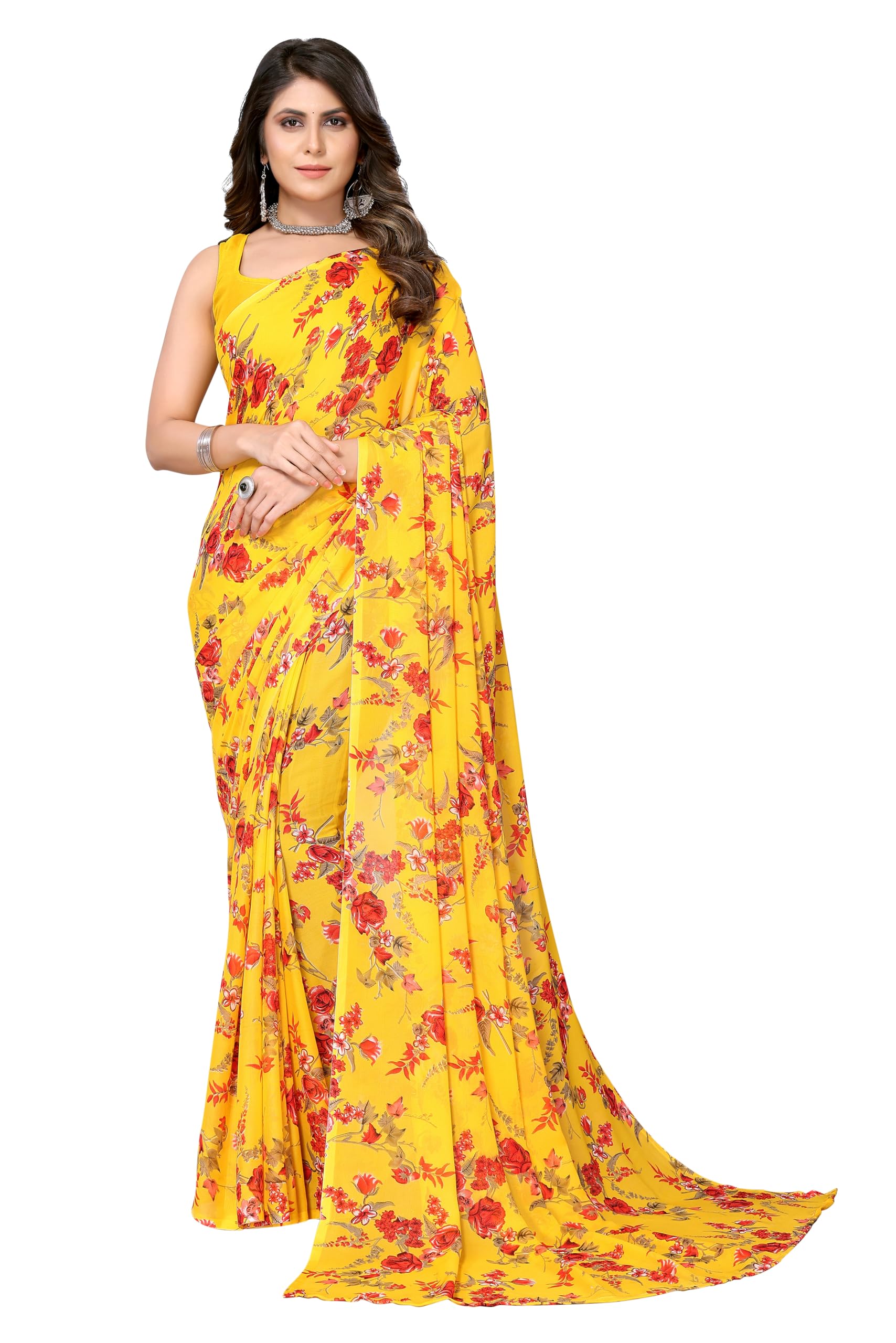 Yashika Women's Printed Georgette Saree - Yellow