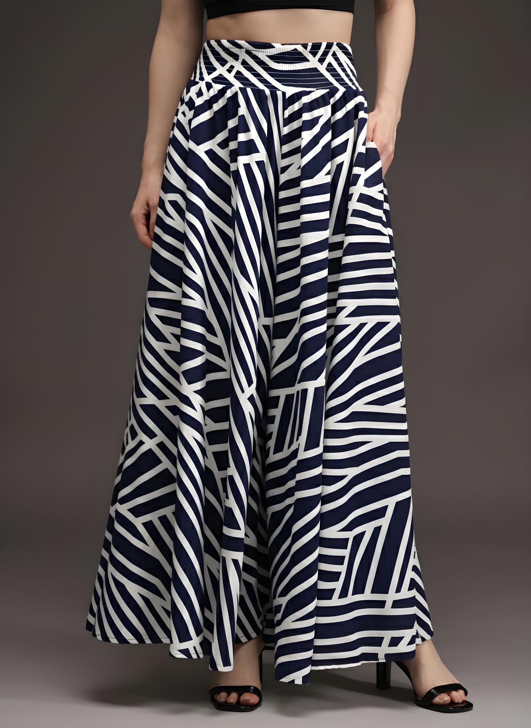 Navy White Zebra Palazzo Trousers for Women - Image 3