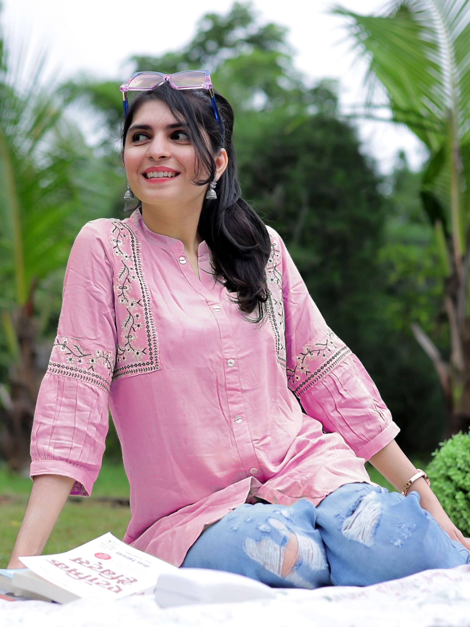 EthnicJunction Women's Light Pink Embroidered Kurti - Image 2