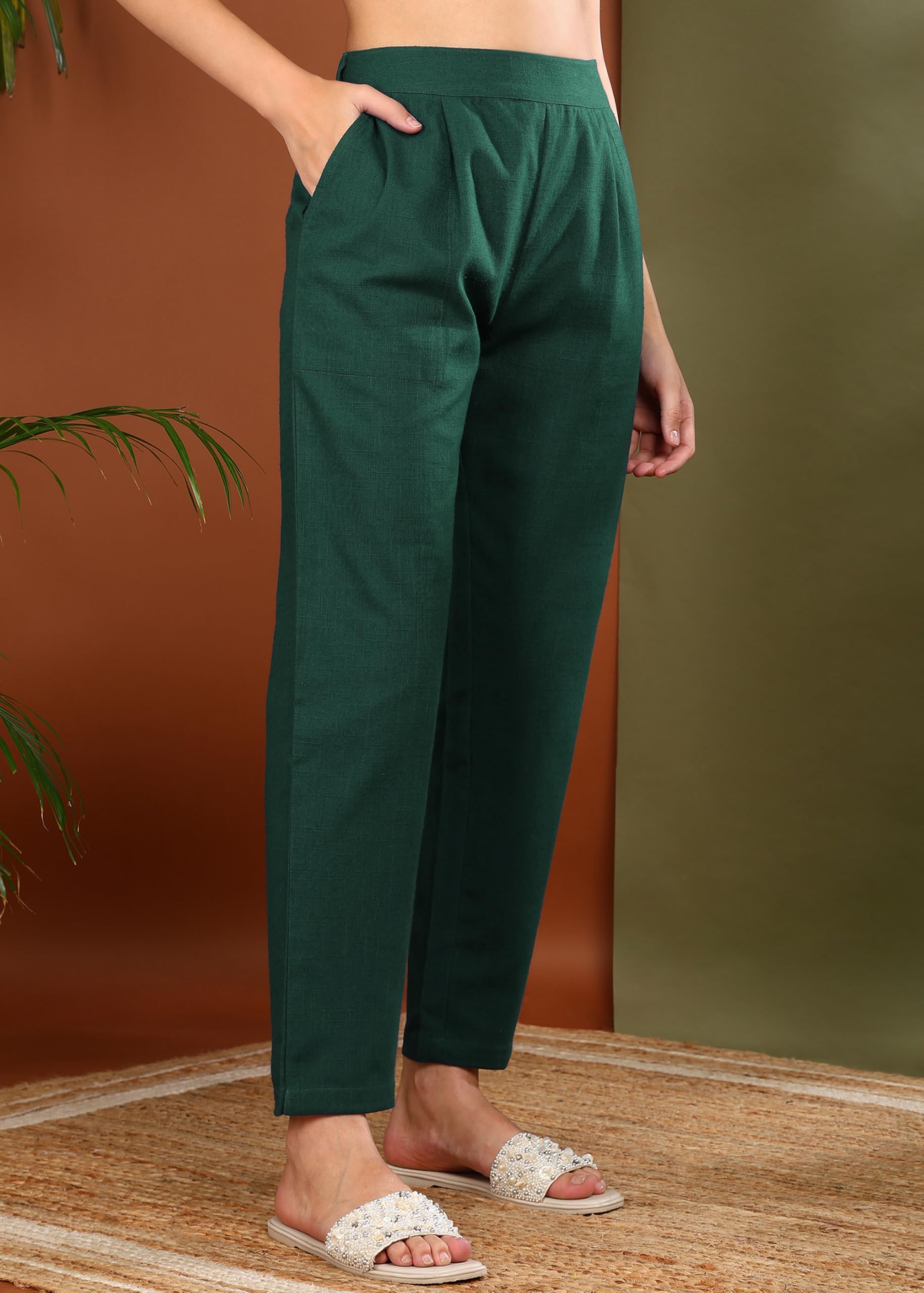 Yash Gallery Women's Mid Rise Cotton Trouser - Bottle Green - Image 2