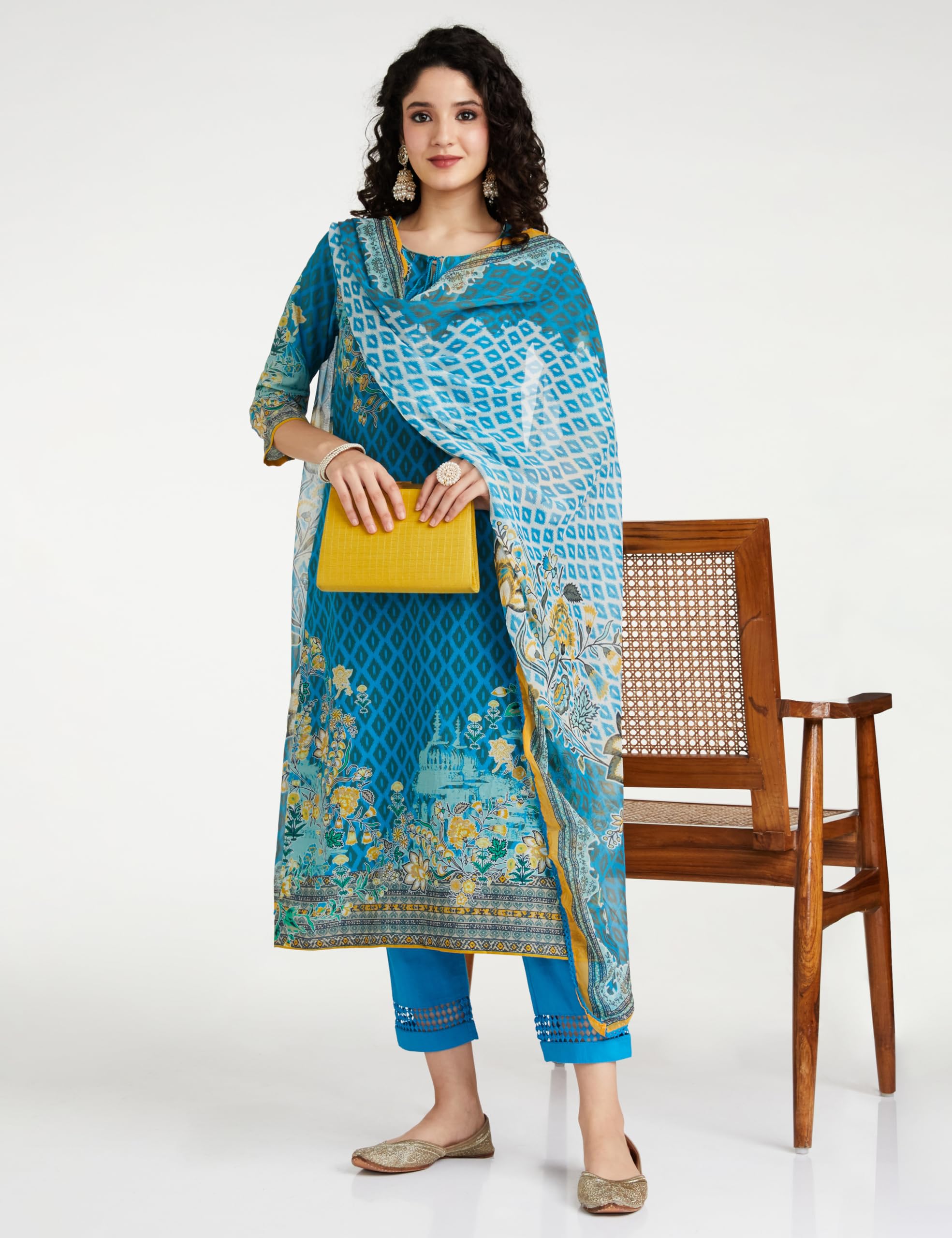 BIBA Women Cotton Printed Salwar Kurta Dupatta - Turquoise - Image 3