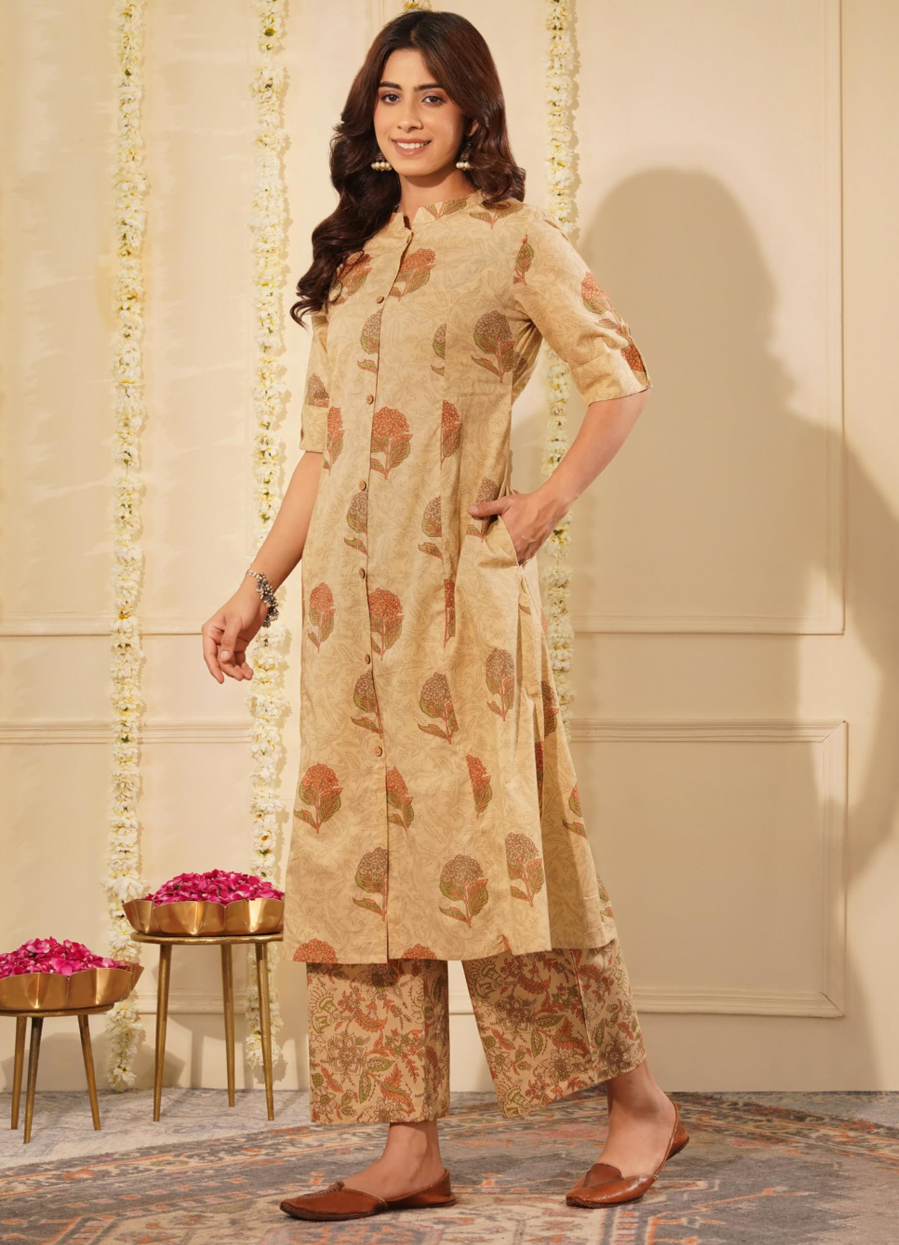 rytras Women's Cotton Printed Kurta Set with Palazzo - Beige - Image 3