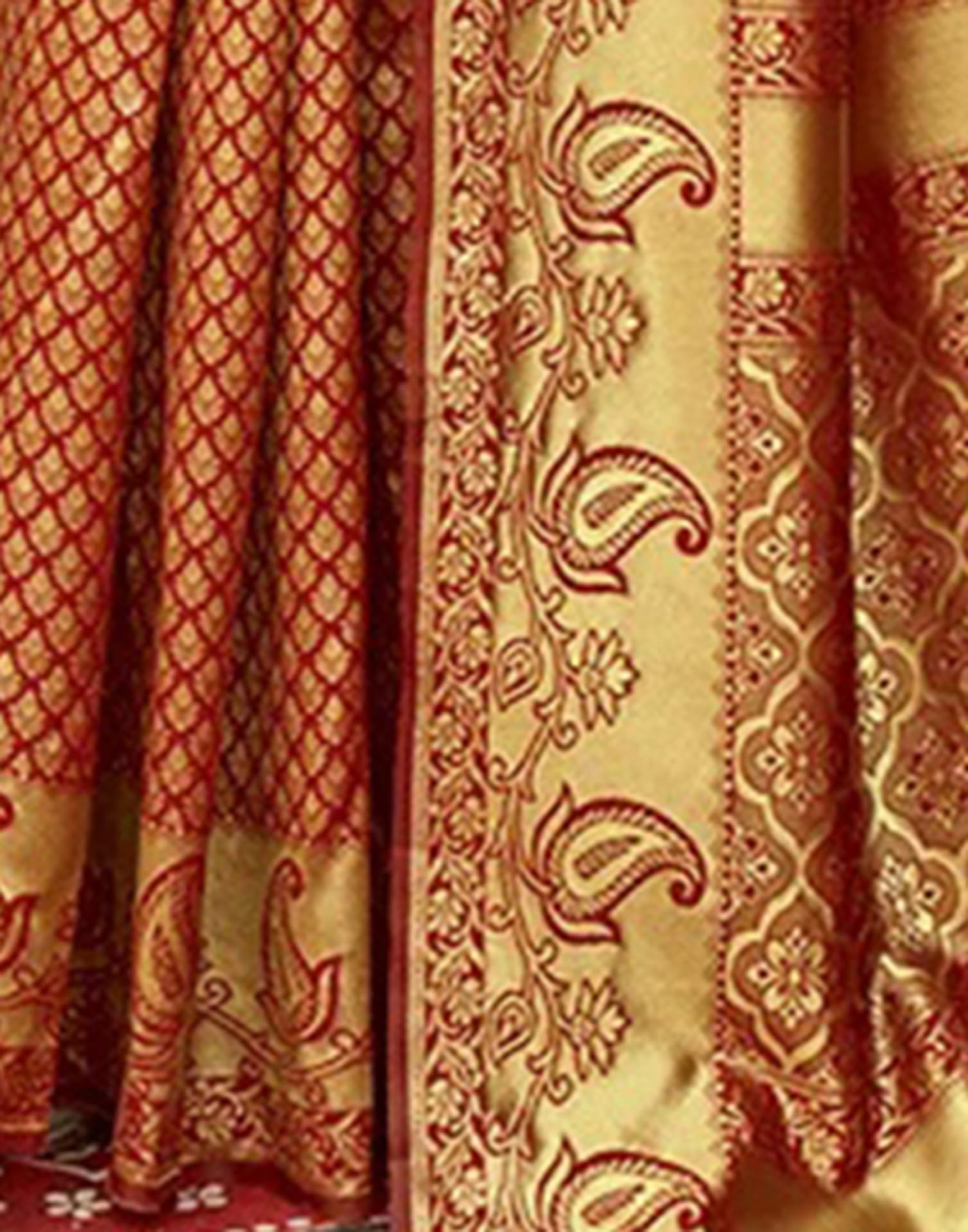 Banarasi Silk Saree with Unstitched Blouse - Red & Golden - Image 5