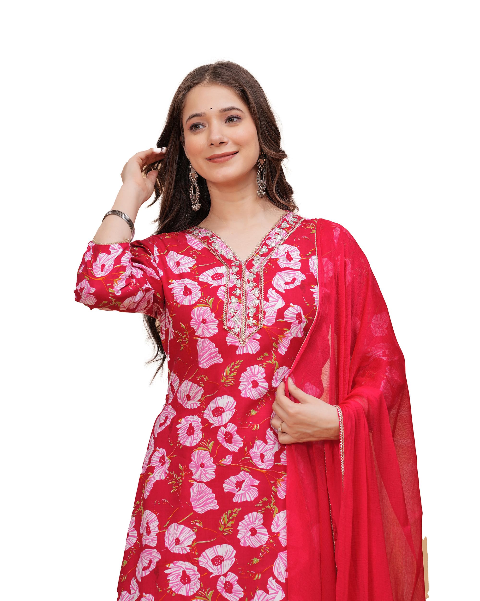 MANHAREE Women Rayon Printed Kurta Set - Pink Red