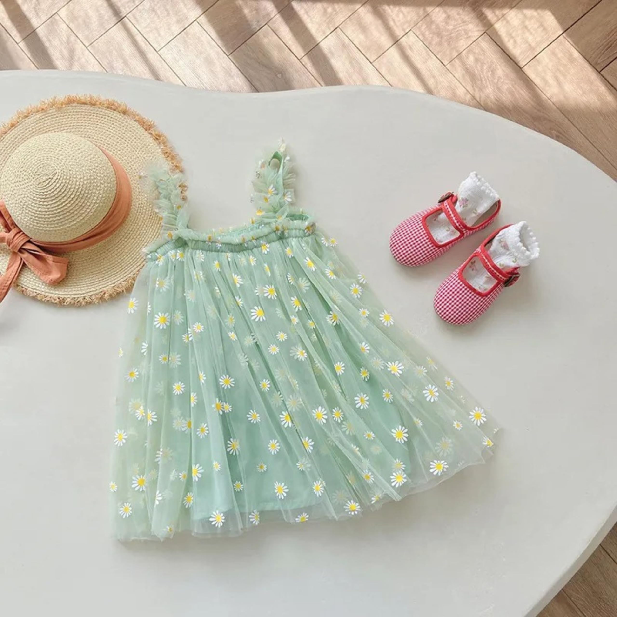 TotzTouch Baby Girl Sleeveless Floral Gown - White Green - Image 5