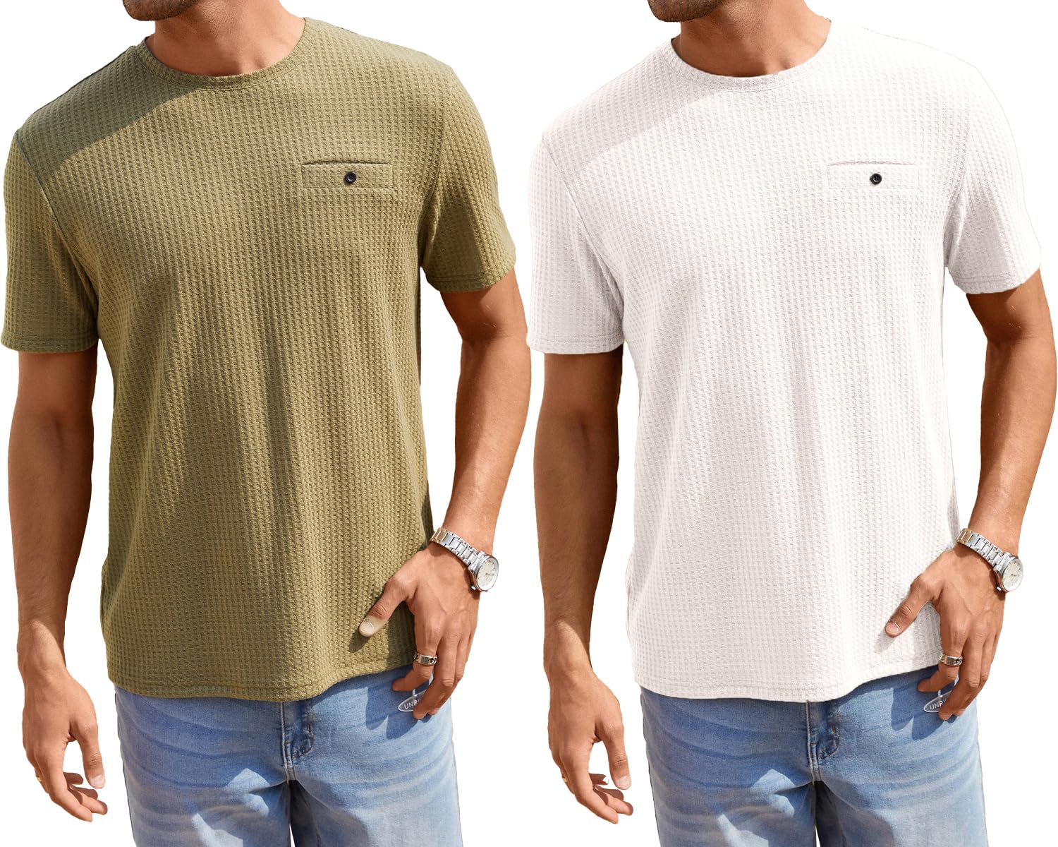 TAGDO Men Waffle Knitted Crew Neck Tee