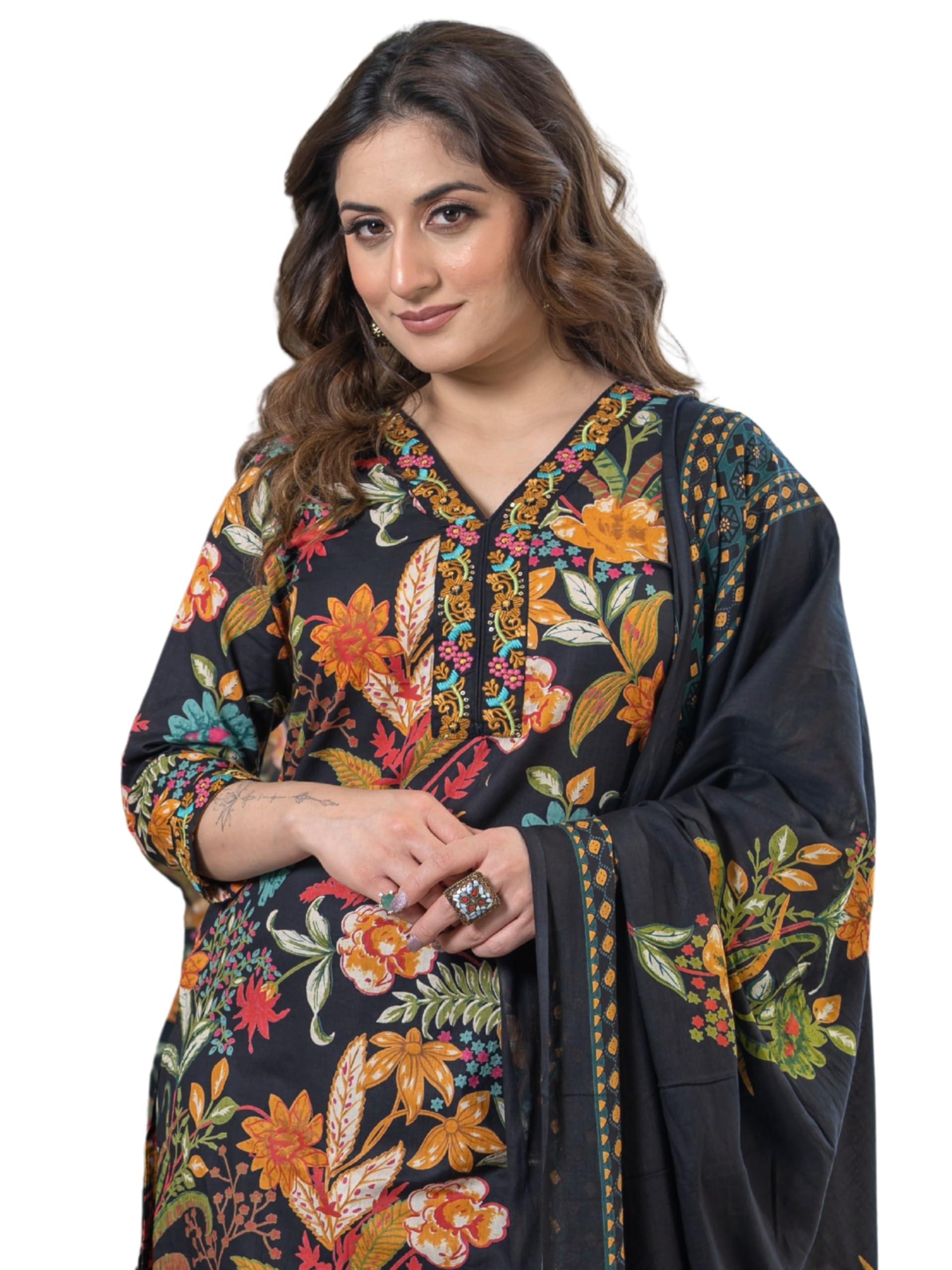 Mystic Black Floral Cotton Kurta Set for Women