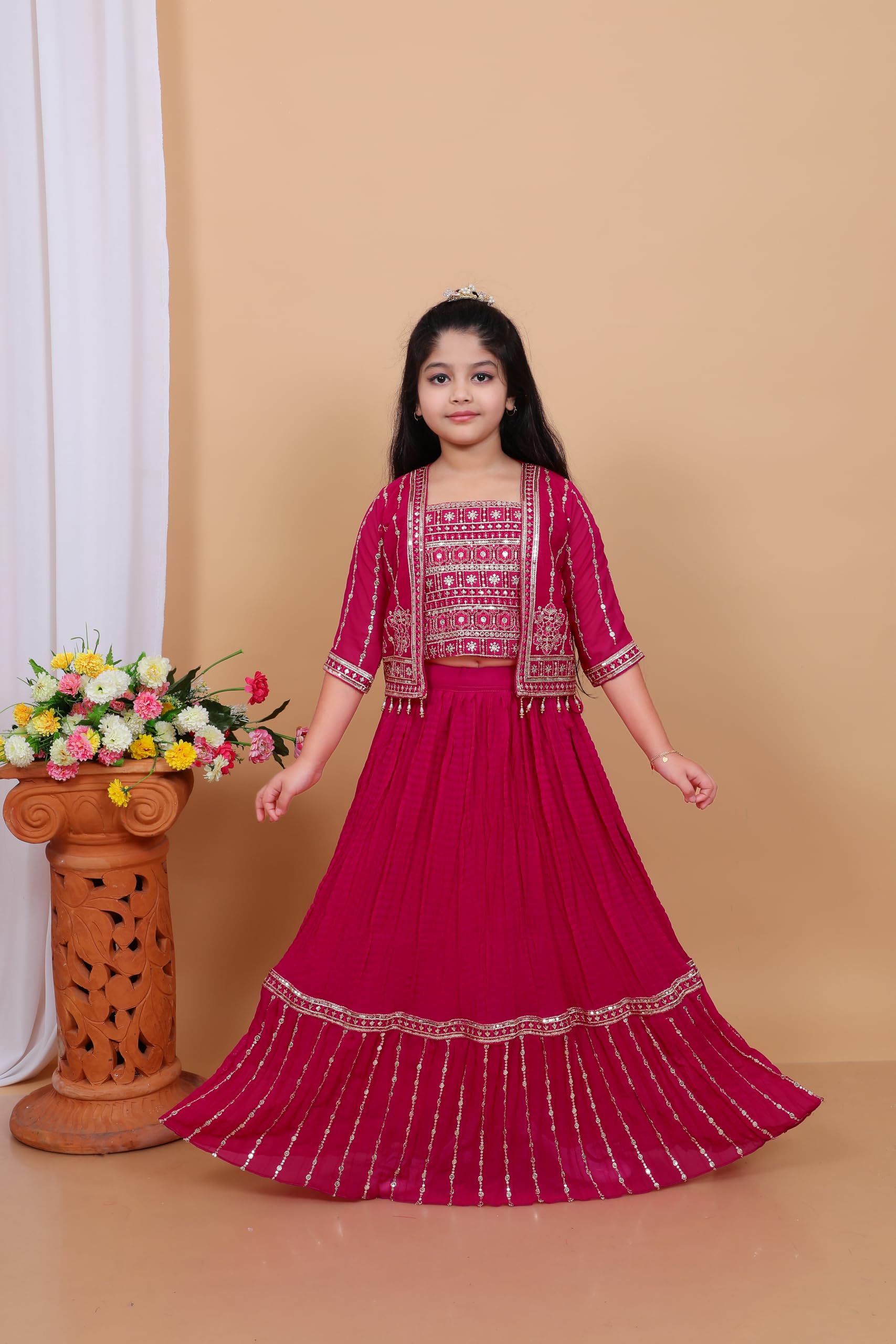 Magenta Kids Lehenga with Mirror Work - Image 3