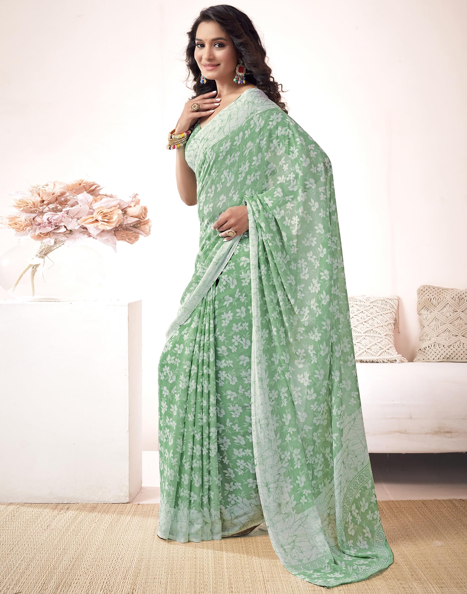 SIRIL Women's Georgette Floral Saree - Pista Green - Image 3