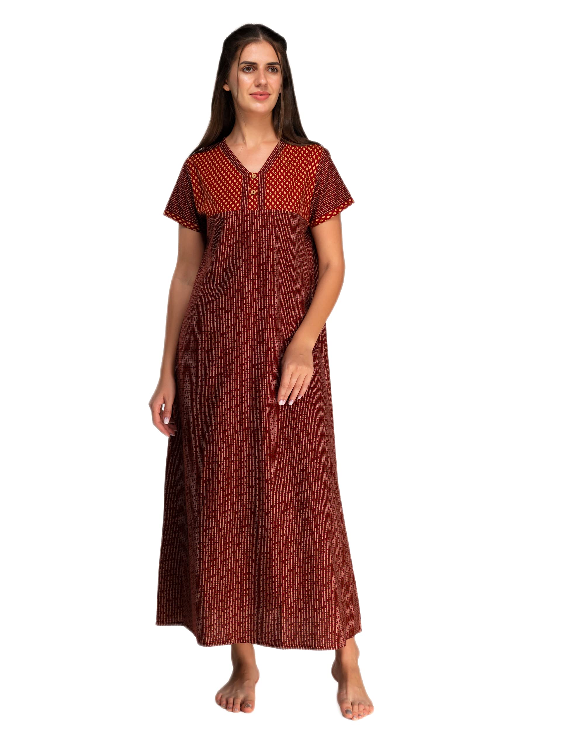 Evolove Women's Cotton Long Maxi Night Gown - Night Maroon