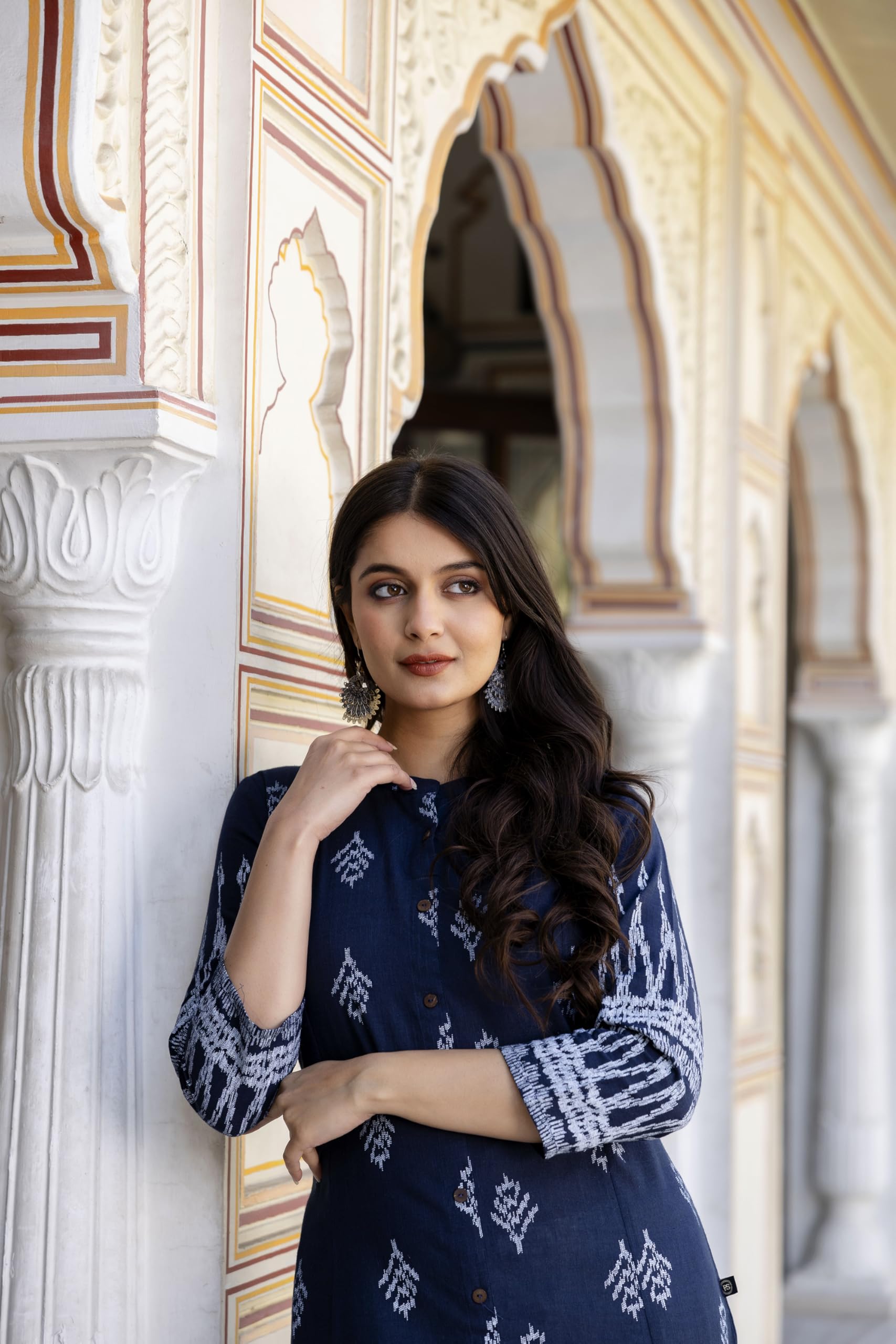 GarbGlide Women Floral Kurta With Palazzos - Navy Blue - Image 5