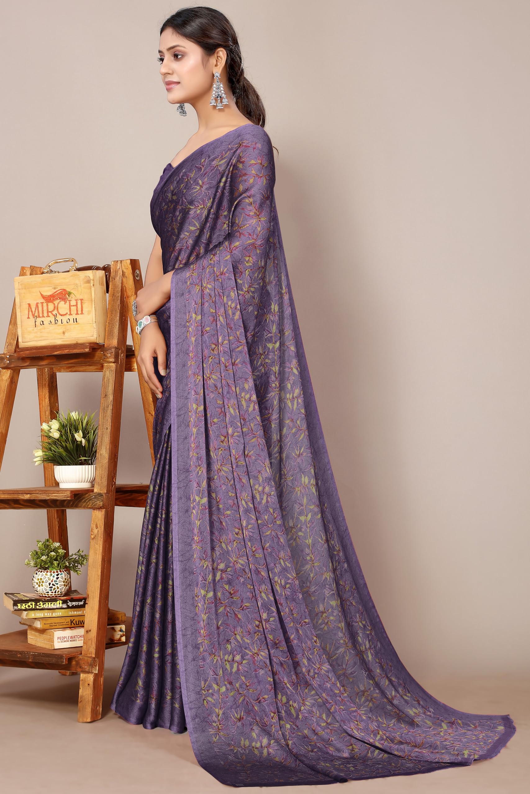 MIRCHI FASHION Chiffon Georgette Floral Saree for Women - Dark Lav - Image 3