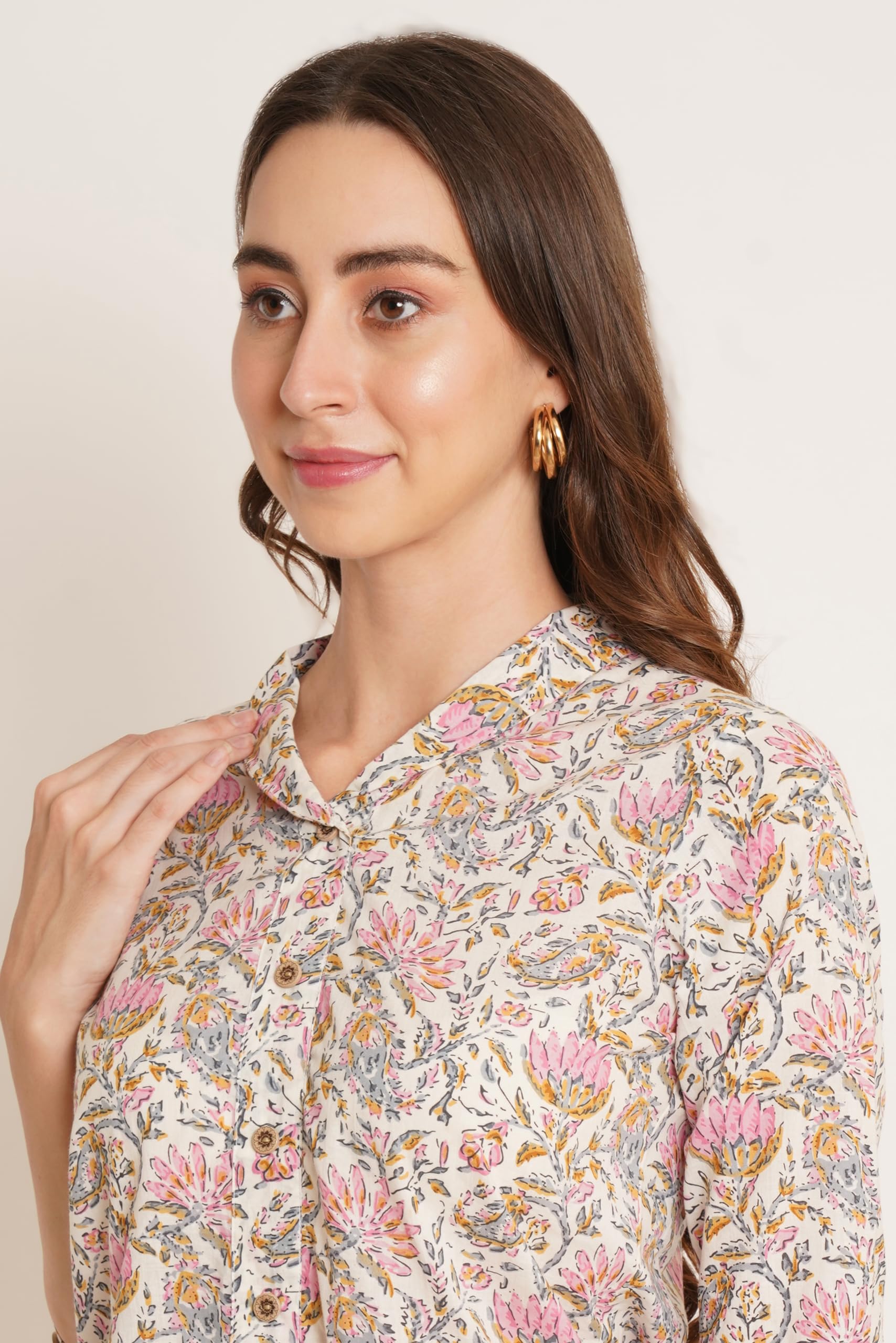 COTLAND Jaipuri Cotton Floral Printed Shirt for Women - Pink - Image 3