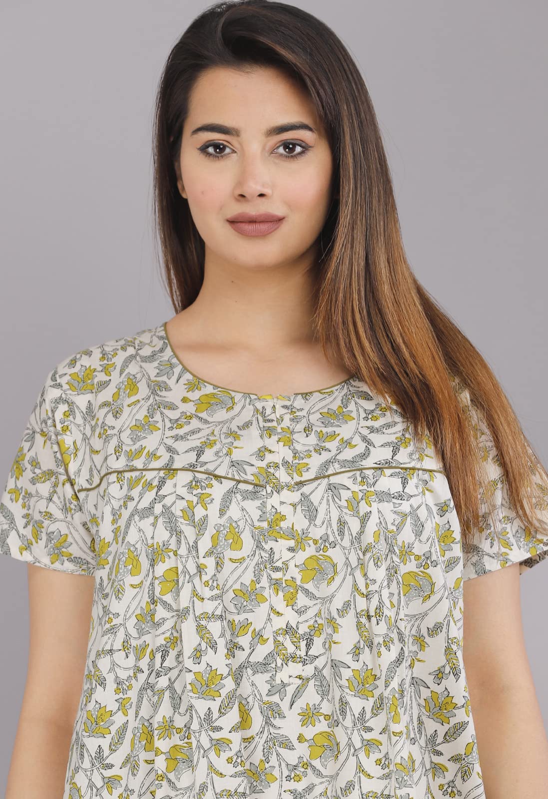 Urali Women's Printed Cotton Maxi Night Gown - Cream - Image 3