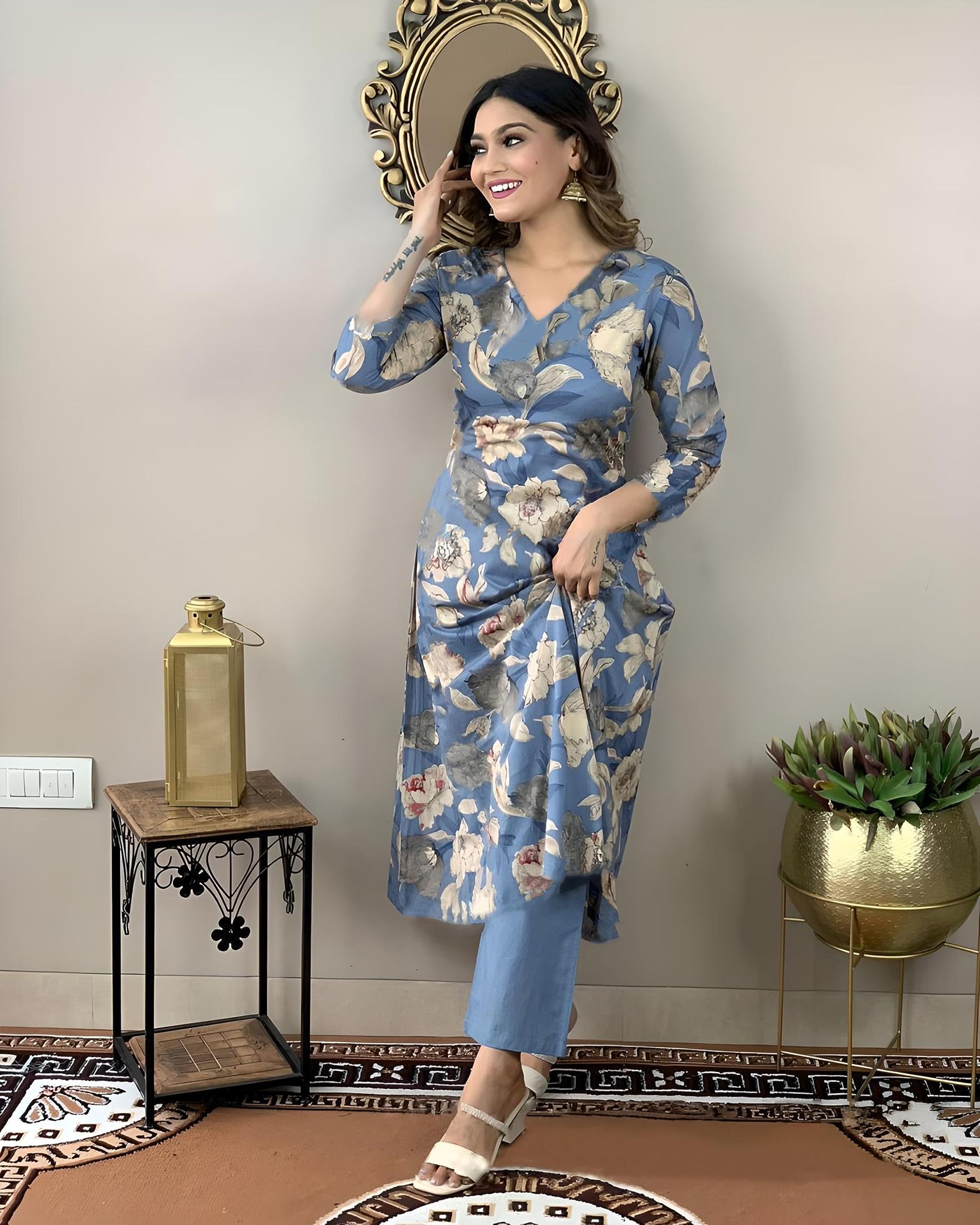 ANNI DESIGNER Women's Rayon Kurta with Pant - Blue - Image 3