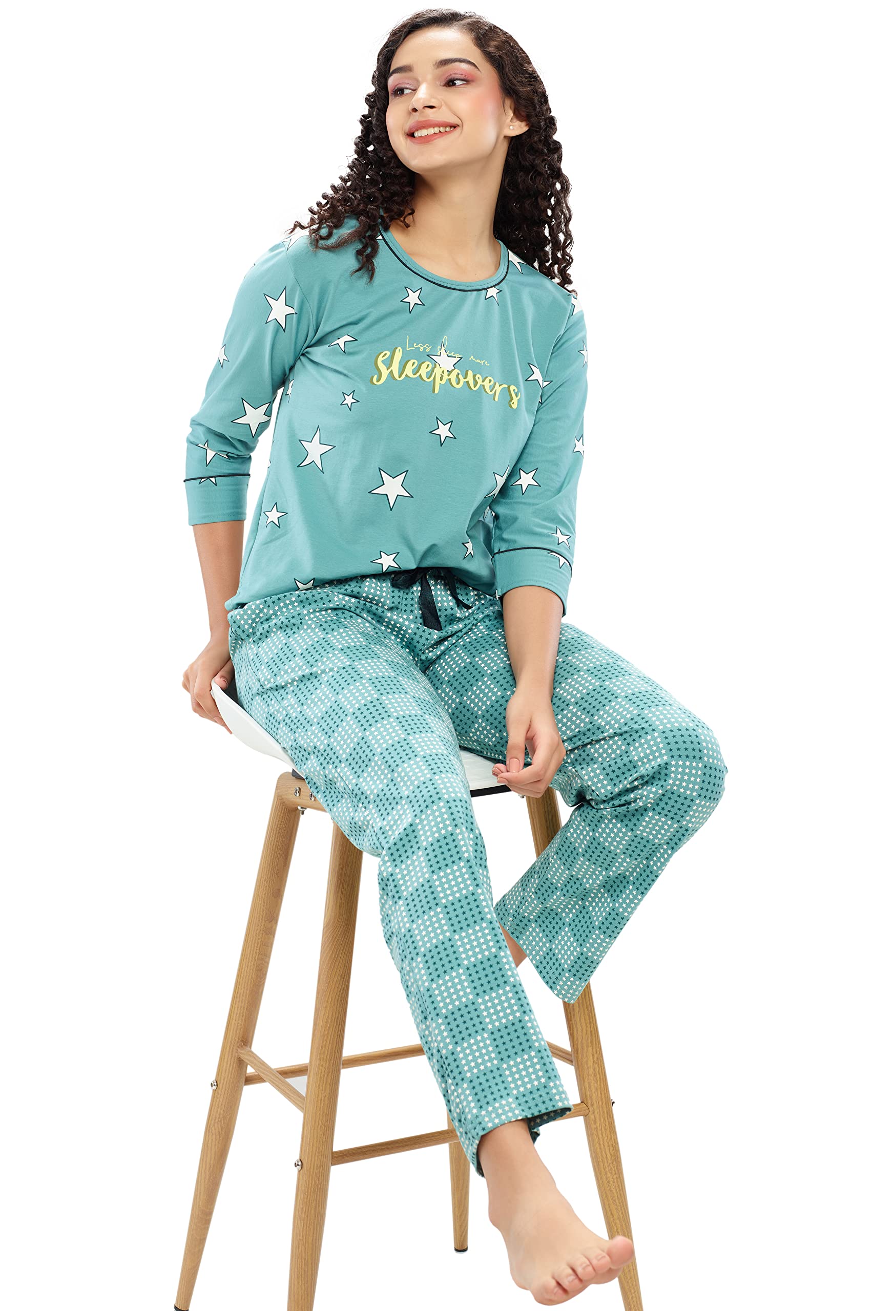 ZEYO Women's Cotton Star Printed Night Suit - Green - Image 3