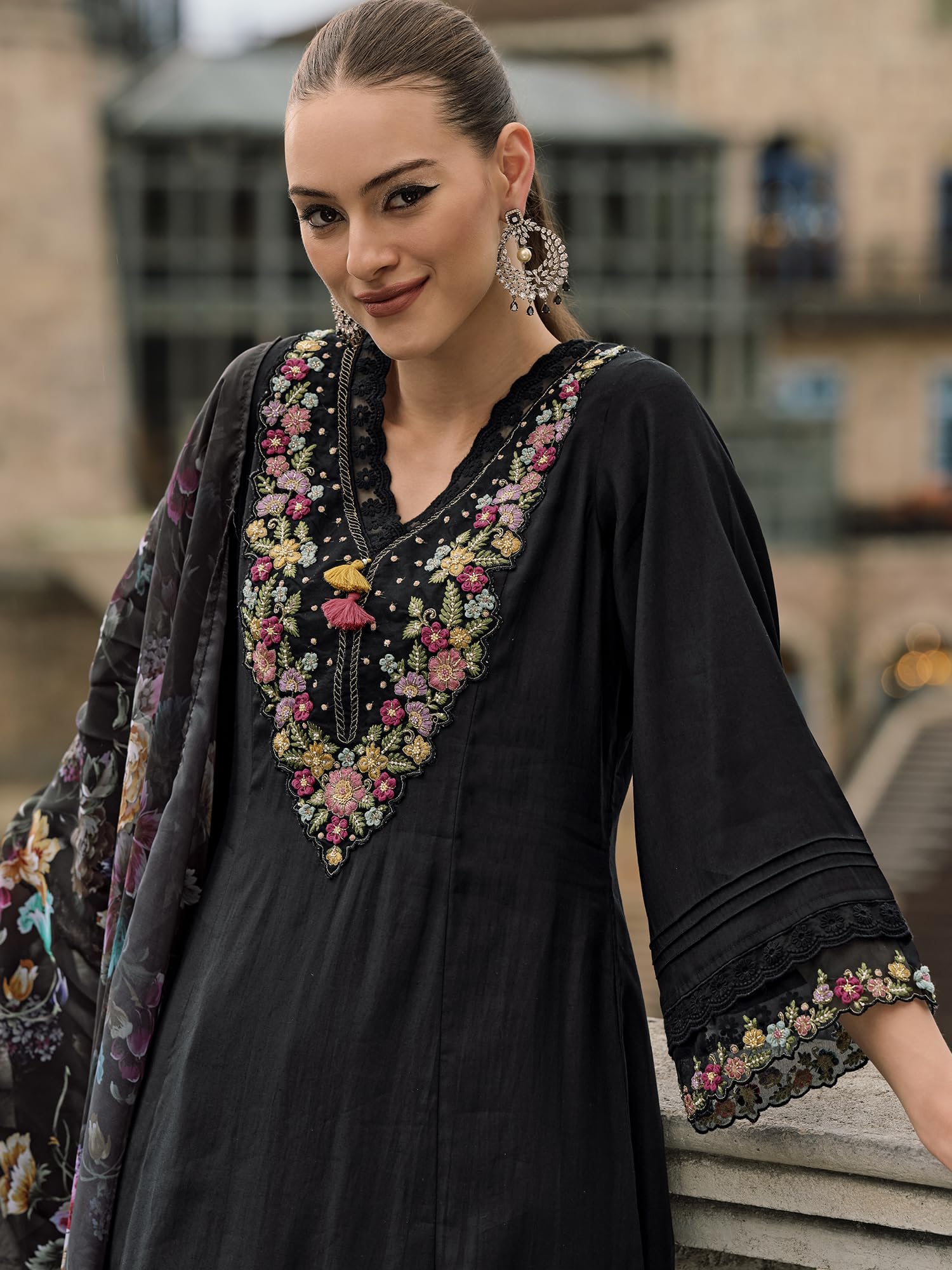 INDO ERA Women's Black Embroidered Kurta Set - Image 4