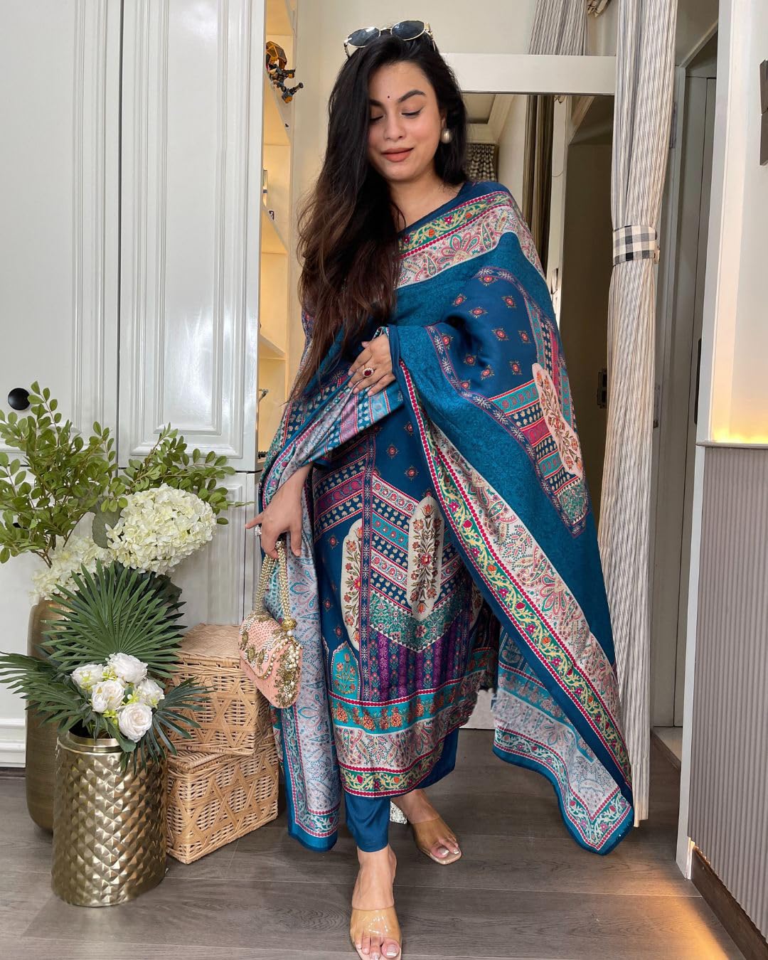 GoSriKi Blue Rayon Viscose Kurta Pant Set for Women - Image 2