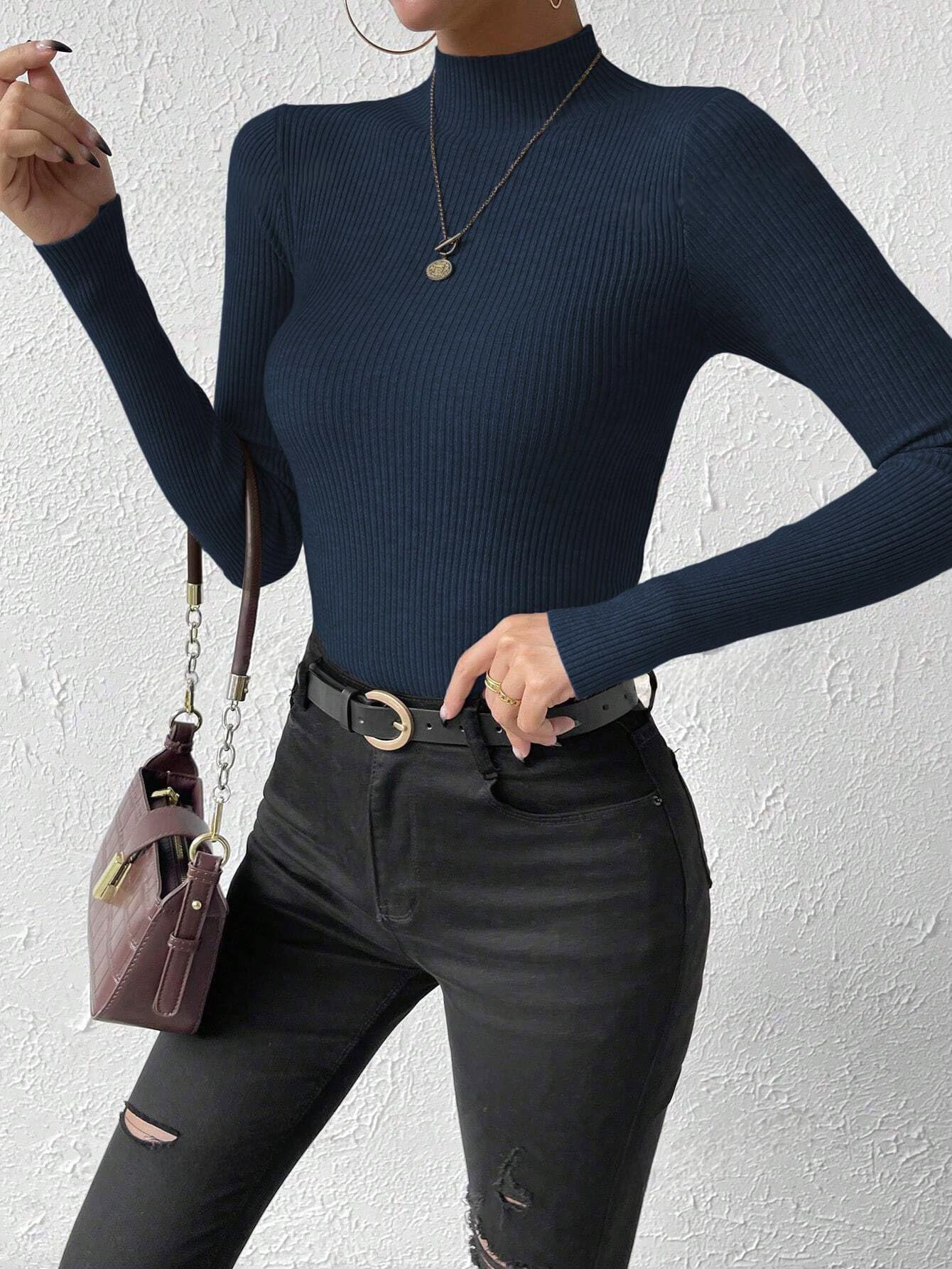 TIVANTE Solid Turtle Neck Ribbed Long Sleeve Top for Women - Navy Blue - Image 4