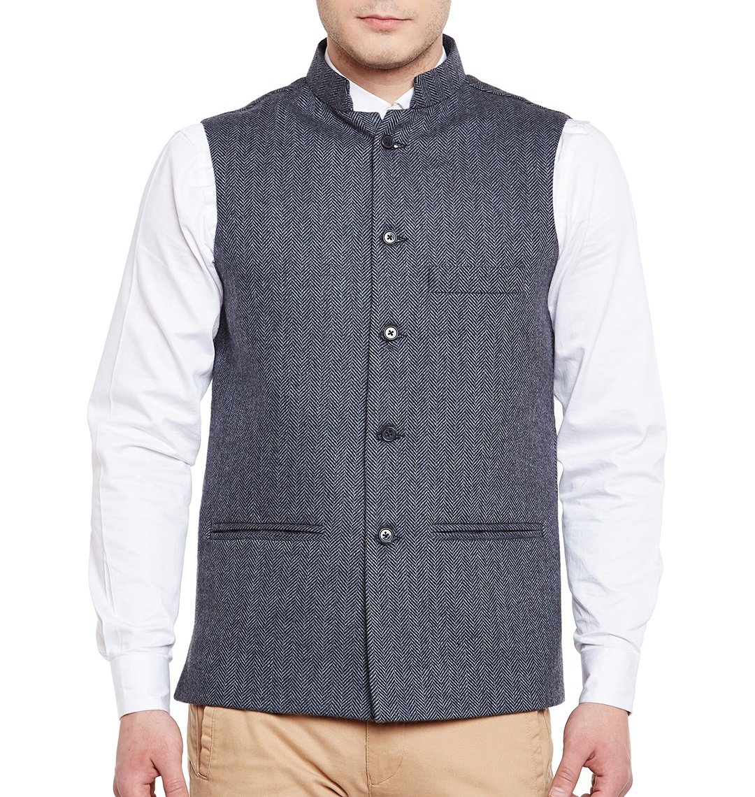 WINTAGE Men's Wool Blend Nehru Jacket - Blue