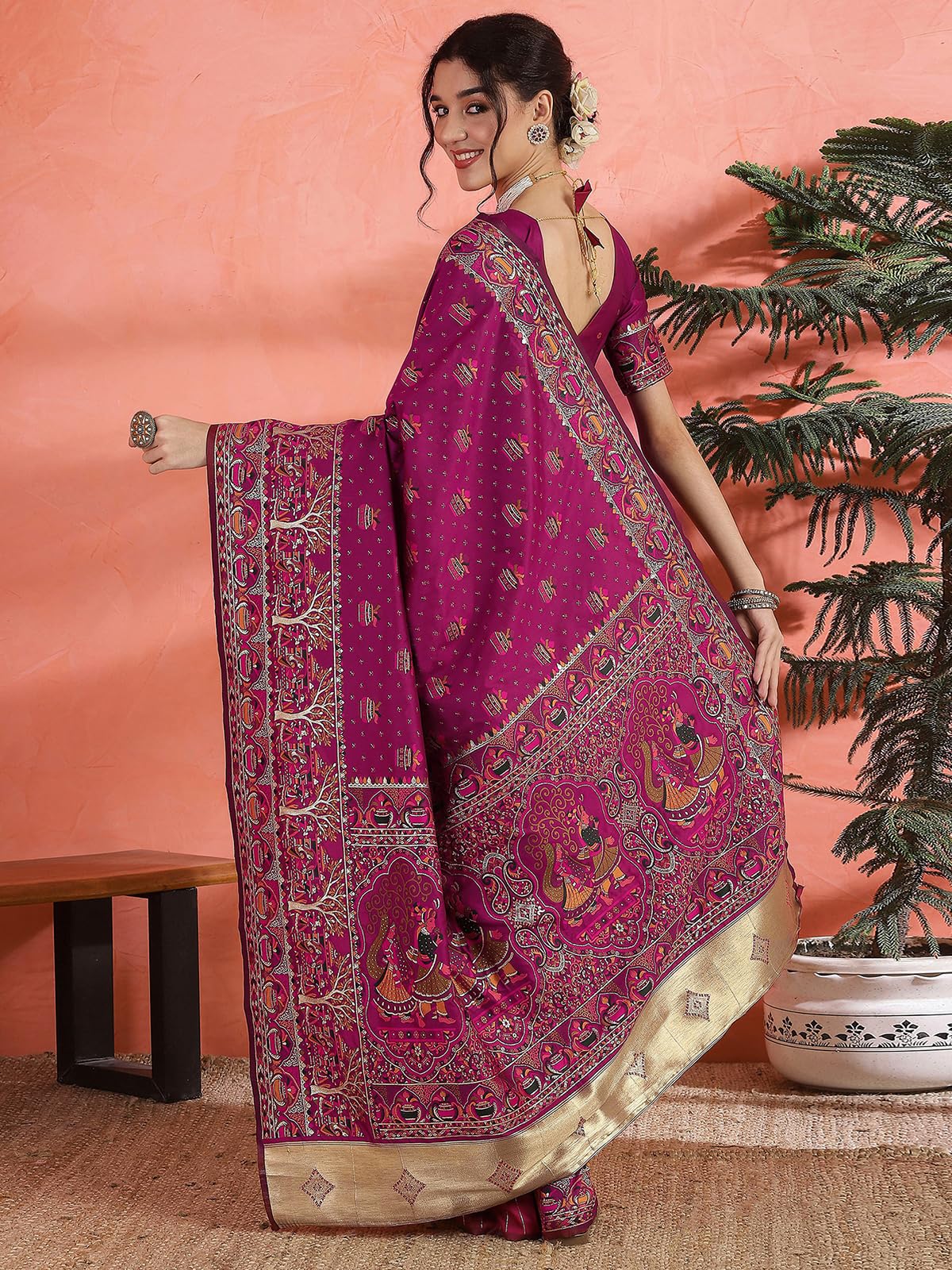 Satrani Banarasi Saree for Women - Dark Rani Pink - Image 4