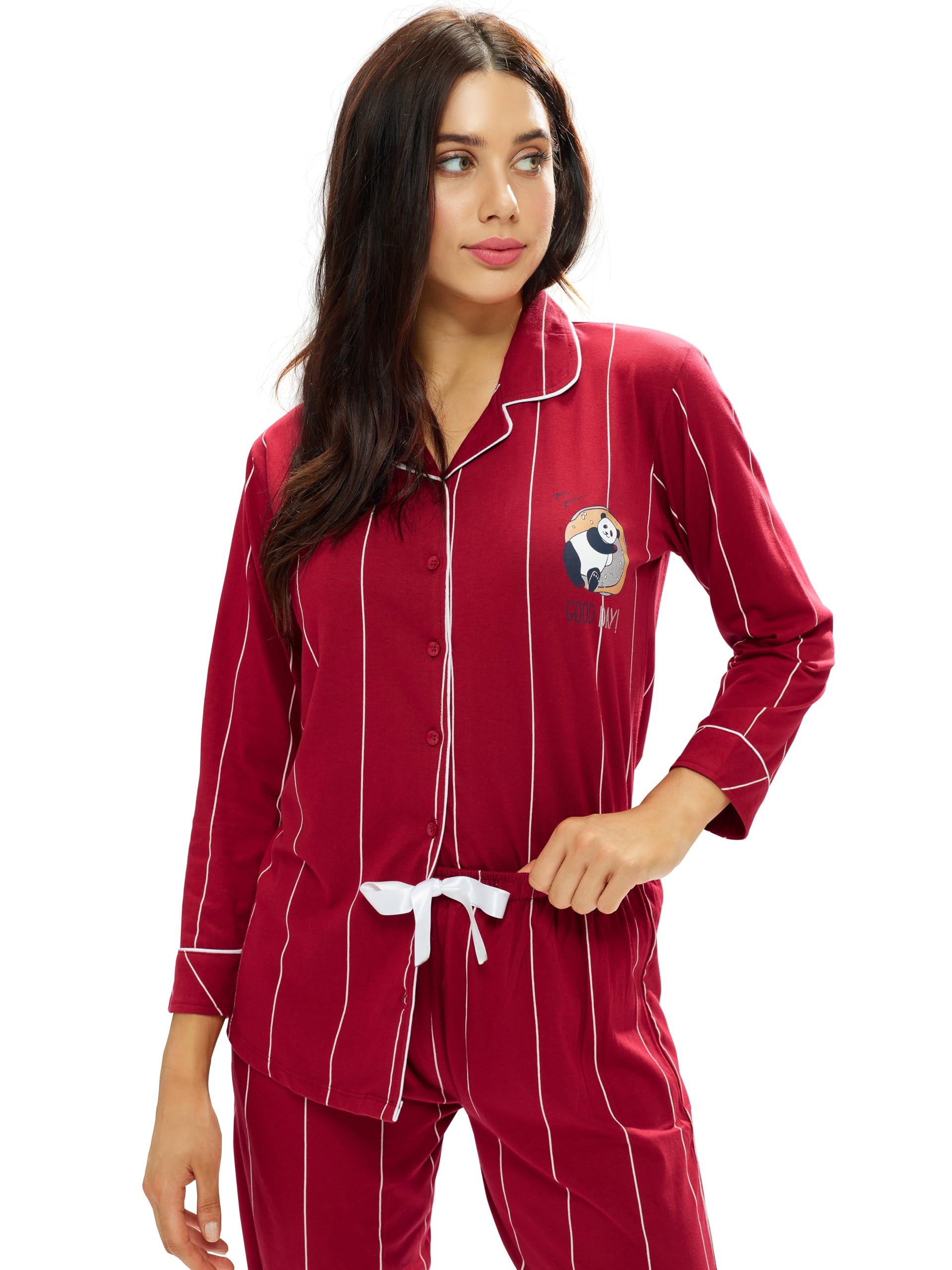 LOTIK Women's Maroon Strip Printed Nightsuit - Image 4