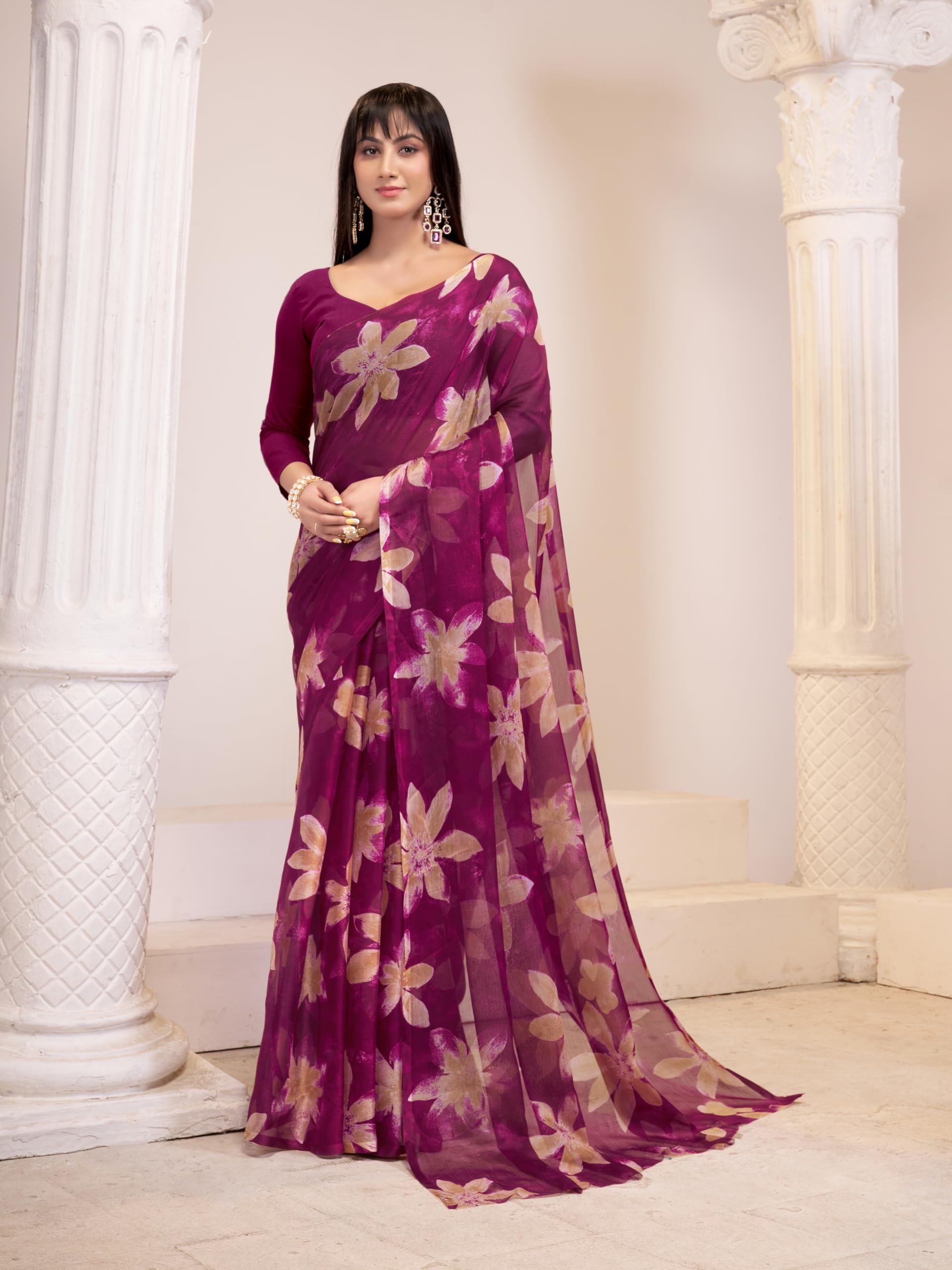 Garden Vareli Women's Floral Chiffon Saree - Wine - Image 5