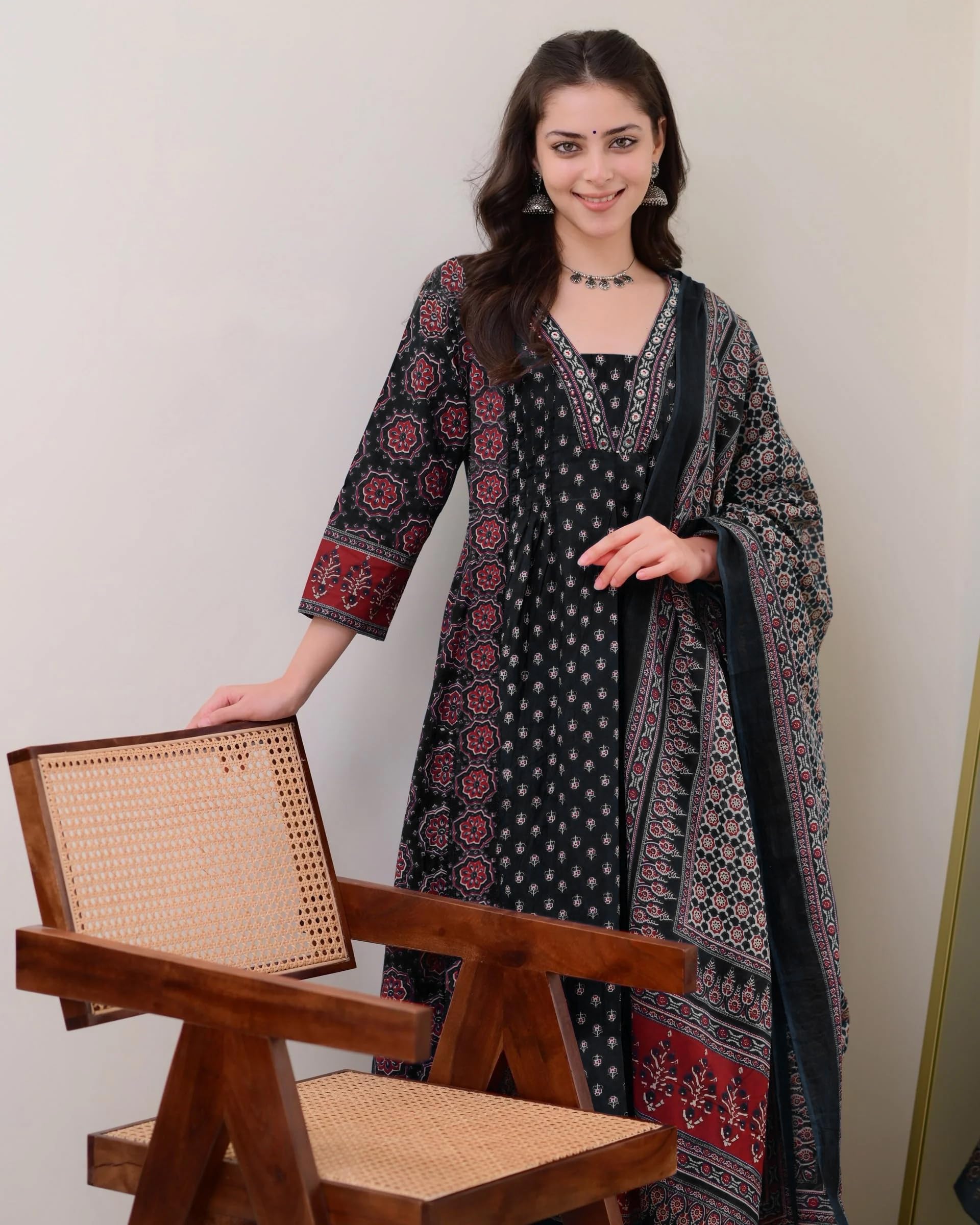 ANNI DESIGNER Ajrakh Printed Anarkali Kurta Set for Women - Black - Image 4