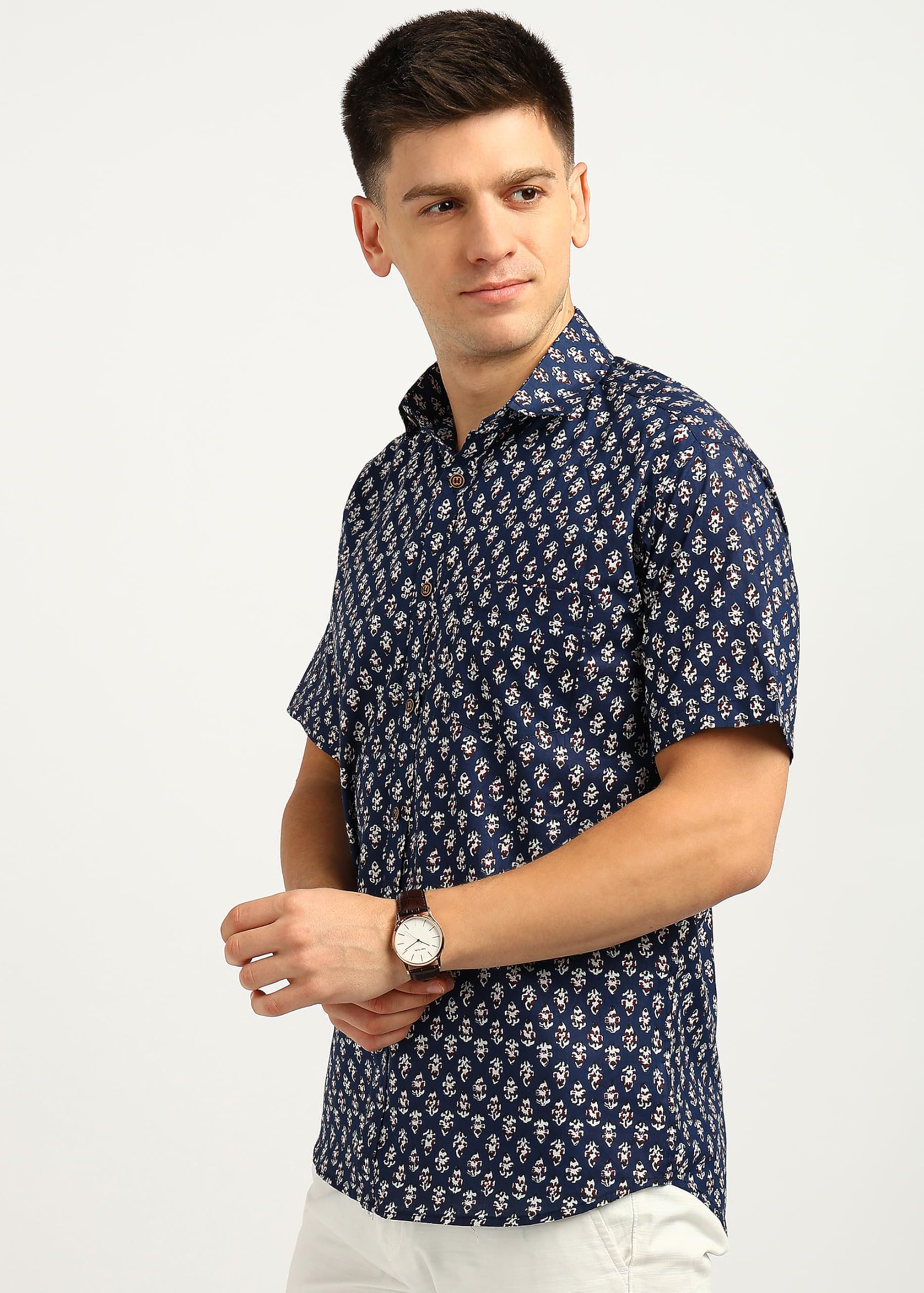 BLOCKS OF INDIA Men's Hand Block Printed Cotton Shirt - Blue Red Buti - Image 2