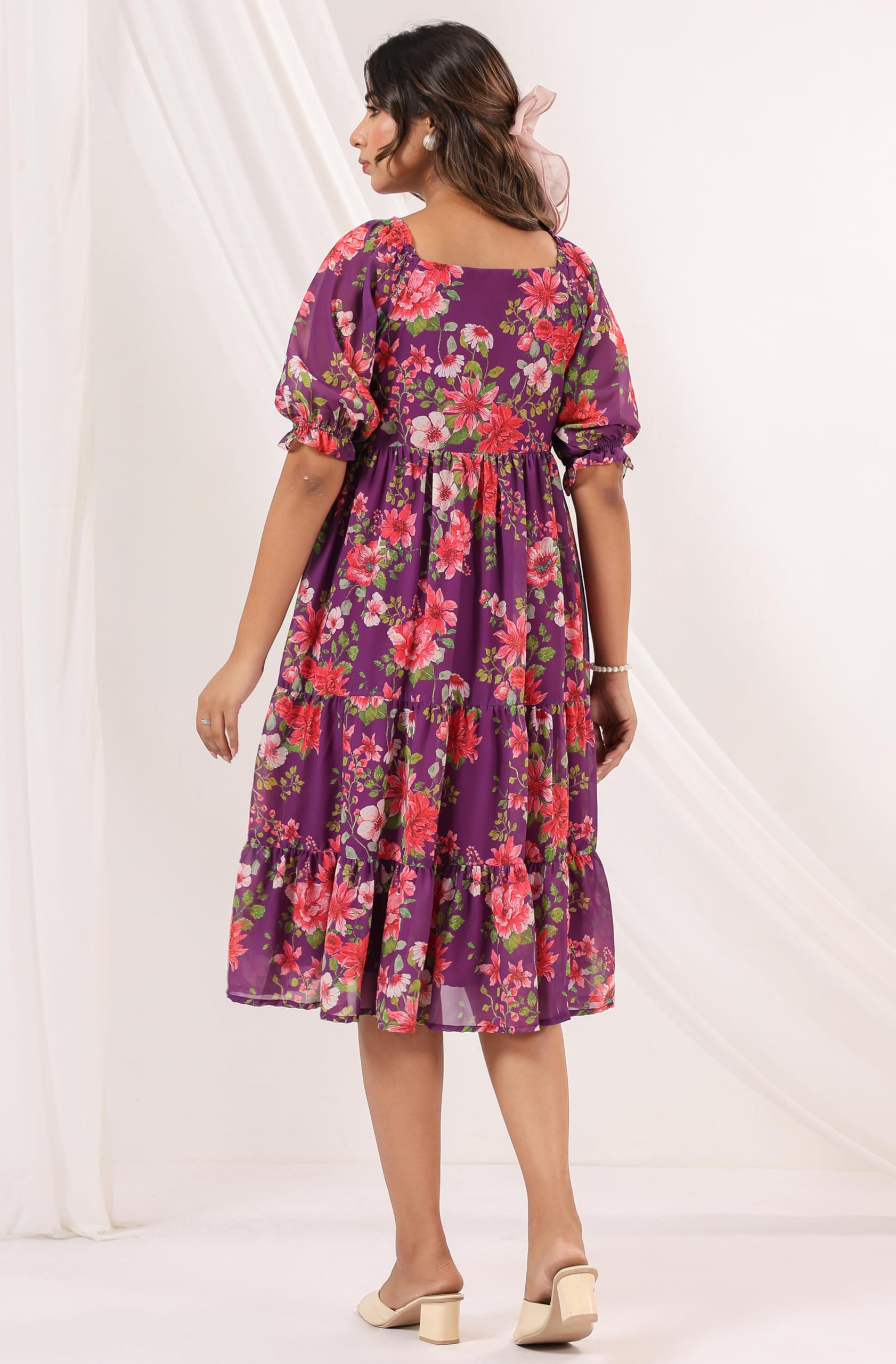 Janasya Women's Purple Georgette Floral Tiered Dress - Image 4