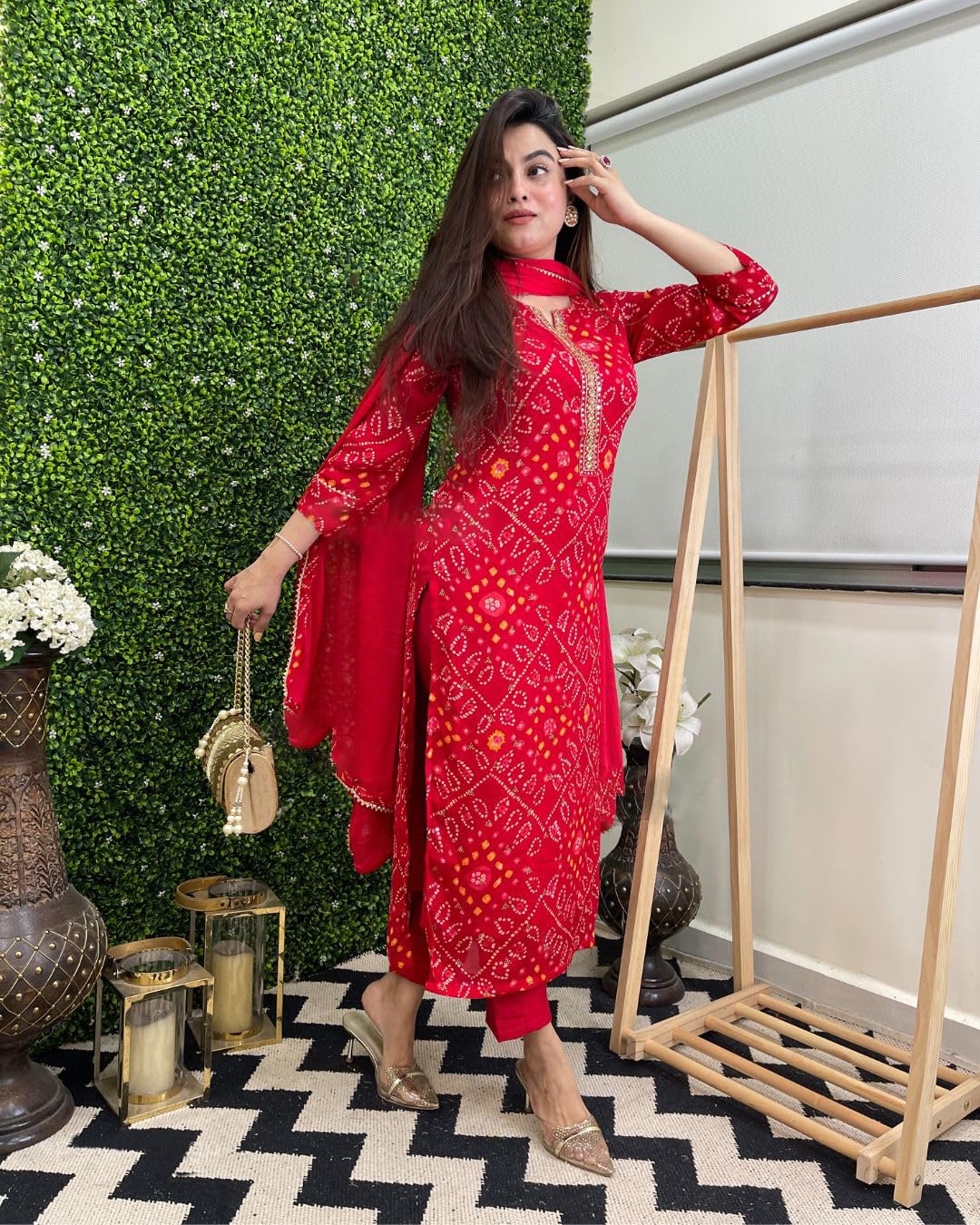 GoSriKi Red Rayon Bandhani Kurta Set - Image 4
