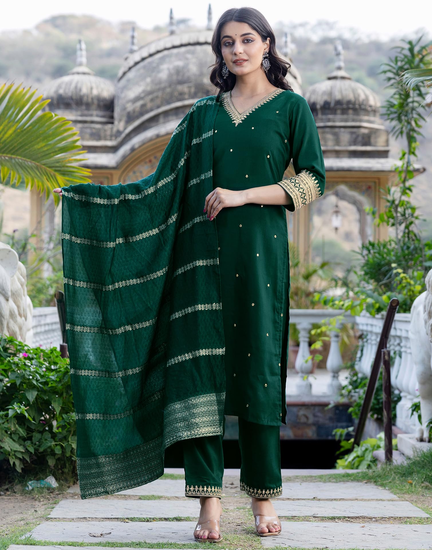 SIRIL Women's Kurta with Pant & Dupatta - Green - Image 4