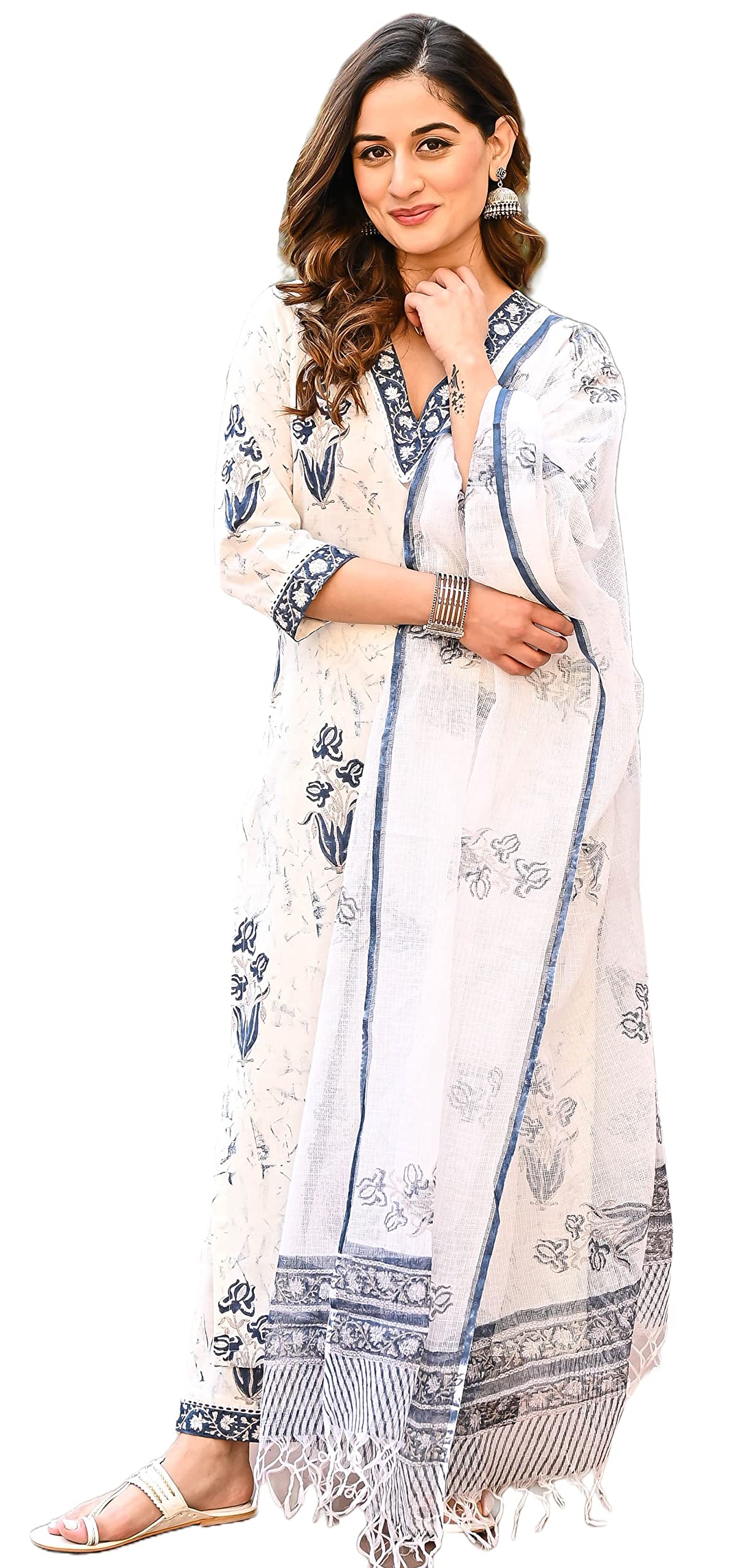 Arayna White Floral Cotton Kurti for Women