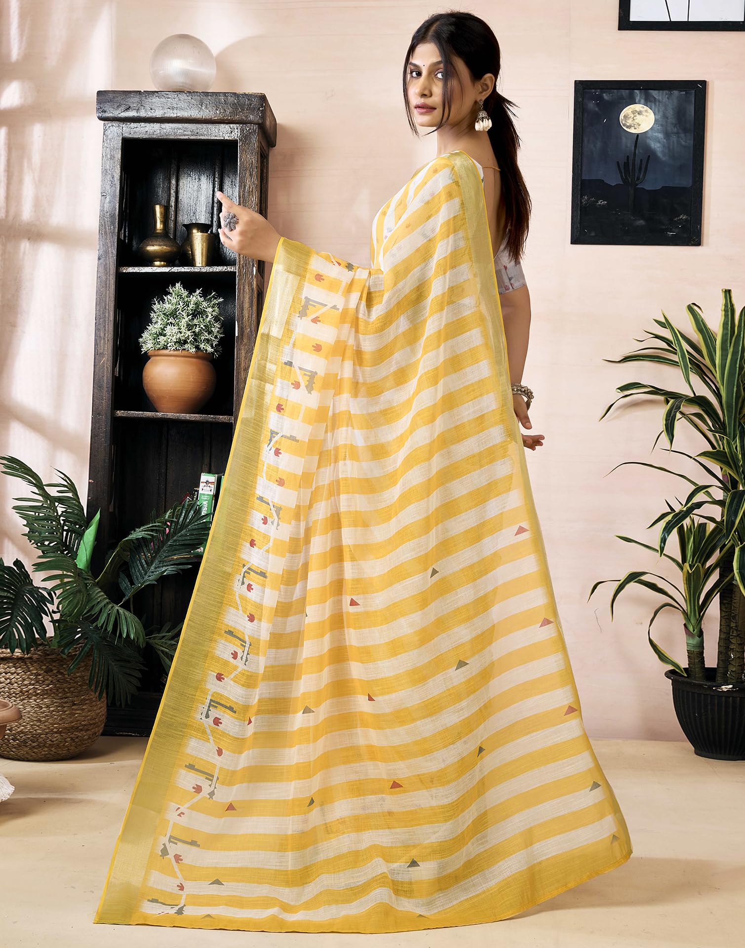 Linen Saree for Women - Yellow & White Printed - Image 4