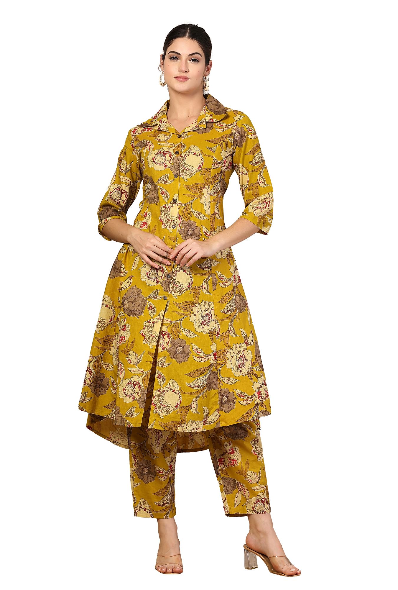 GarbGlide Women Cotton Floral Salwar Suit - Mustard Yellow
