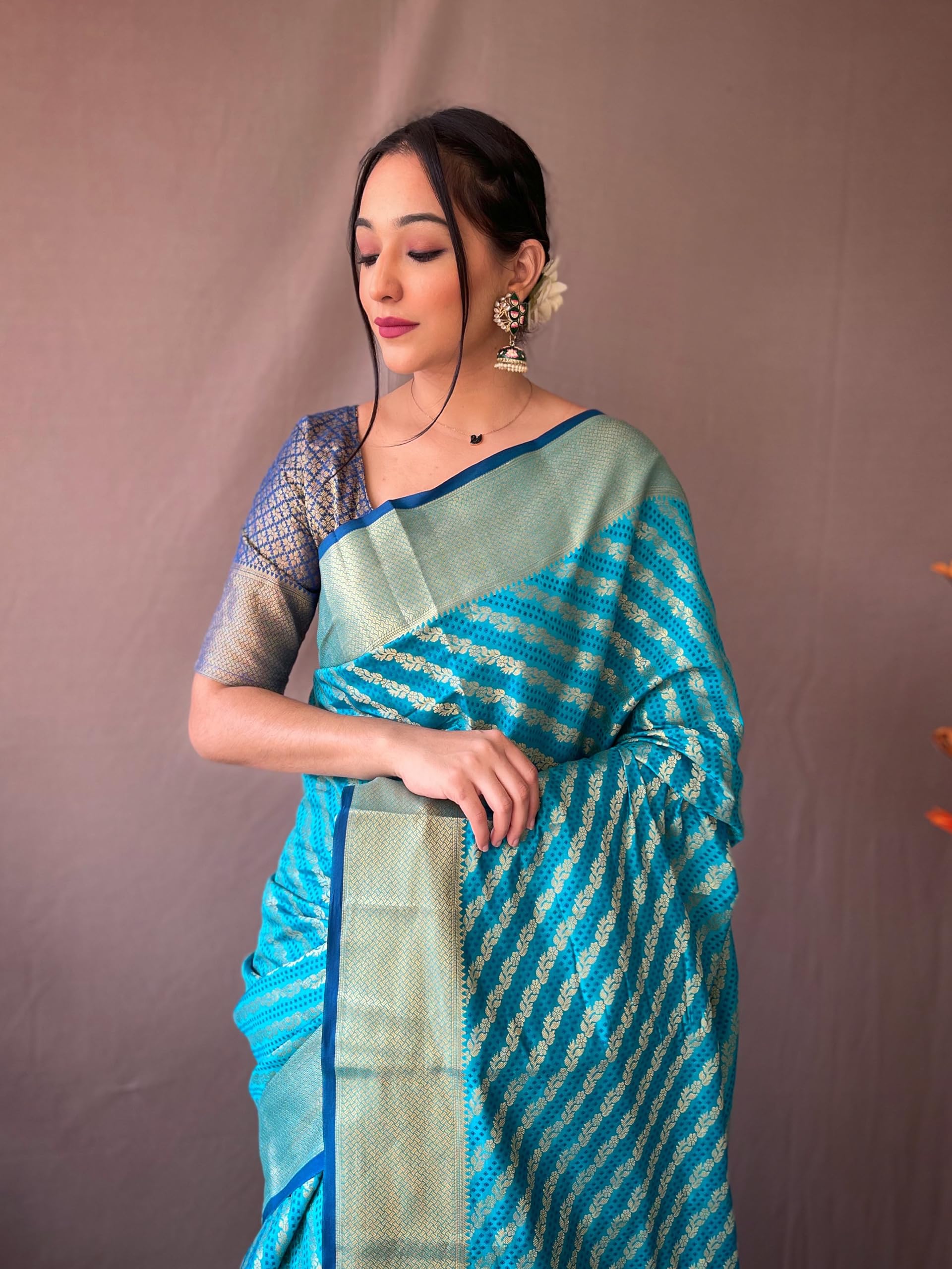 GarbGlide Women's Leriya Patola Banarasi Saree - Sky Blue - Image 3