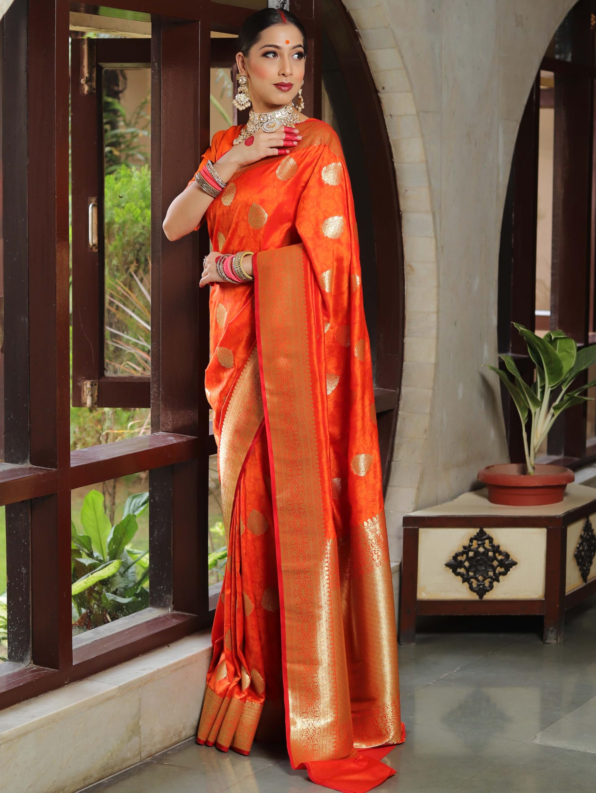 Sugathari Kanjivaram Silk Saree - Orange Gold Zari Borders - Image 2