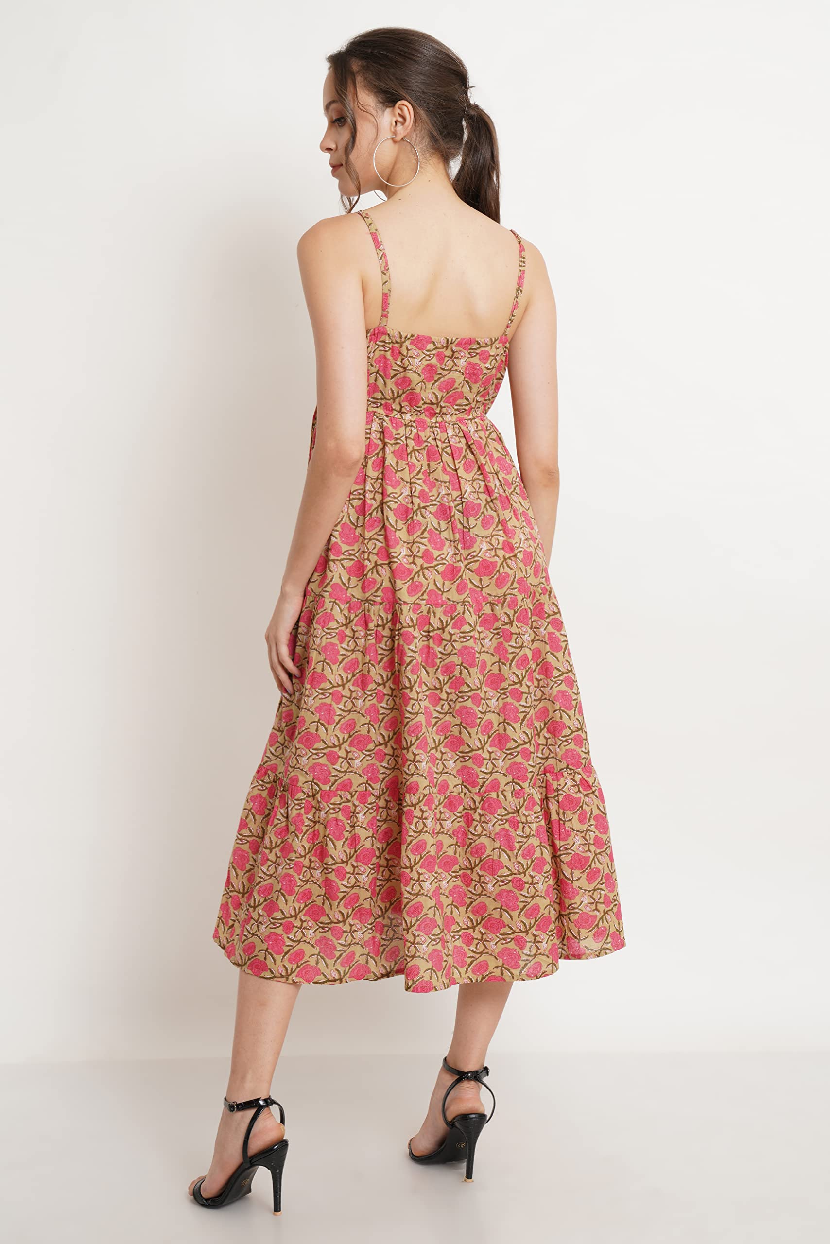 COTLAND Women's Pink Beige Floral A-Line Midi Dress - Image 3