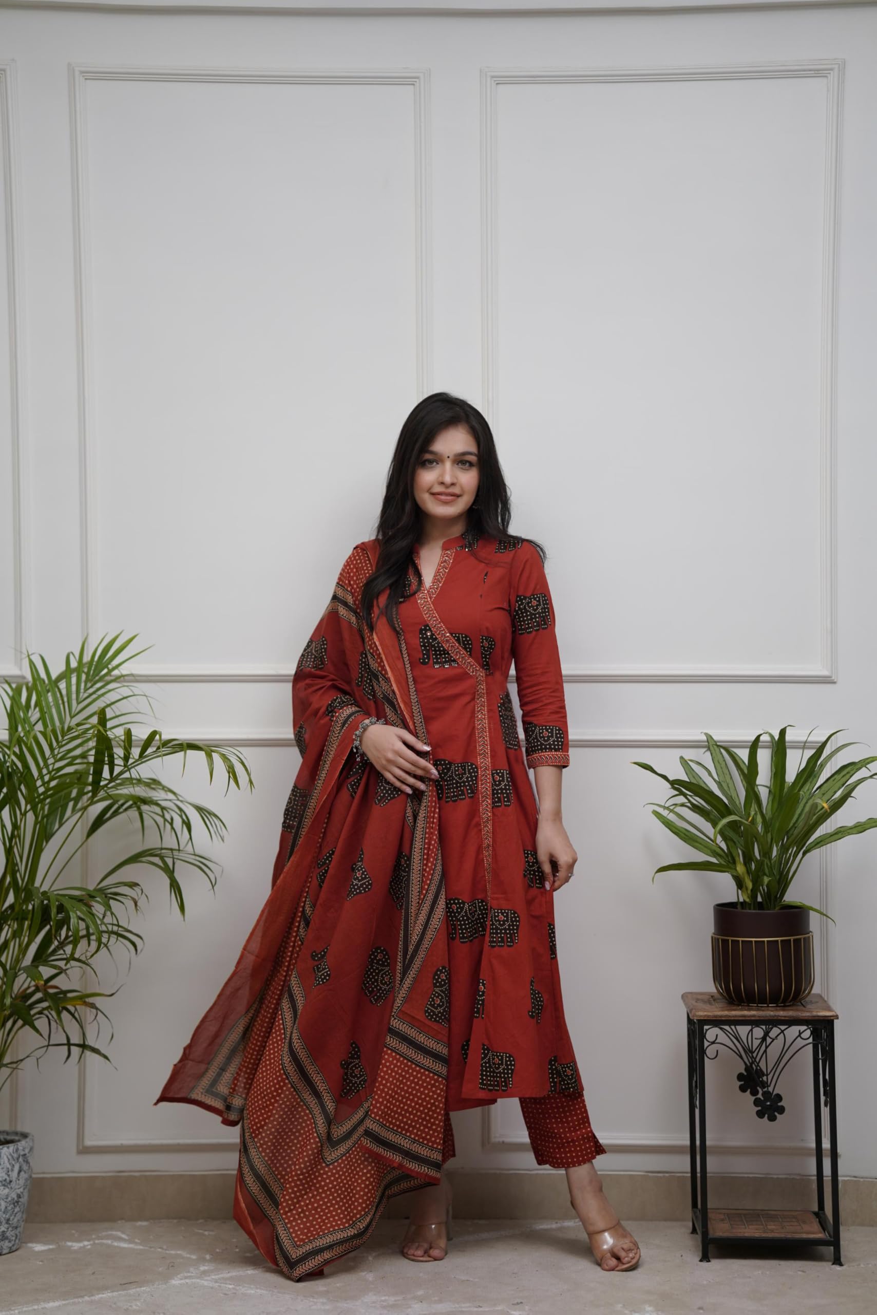 GoSriKi Women's Anarkali Kurta with Pant & Dupatta - Maroon - Image 4