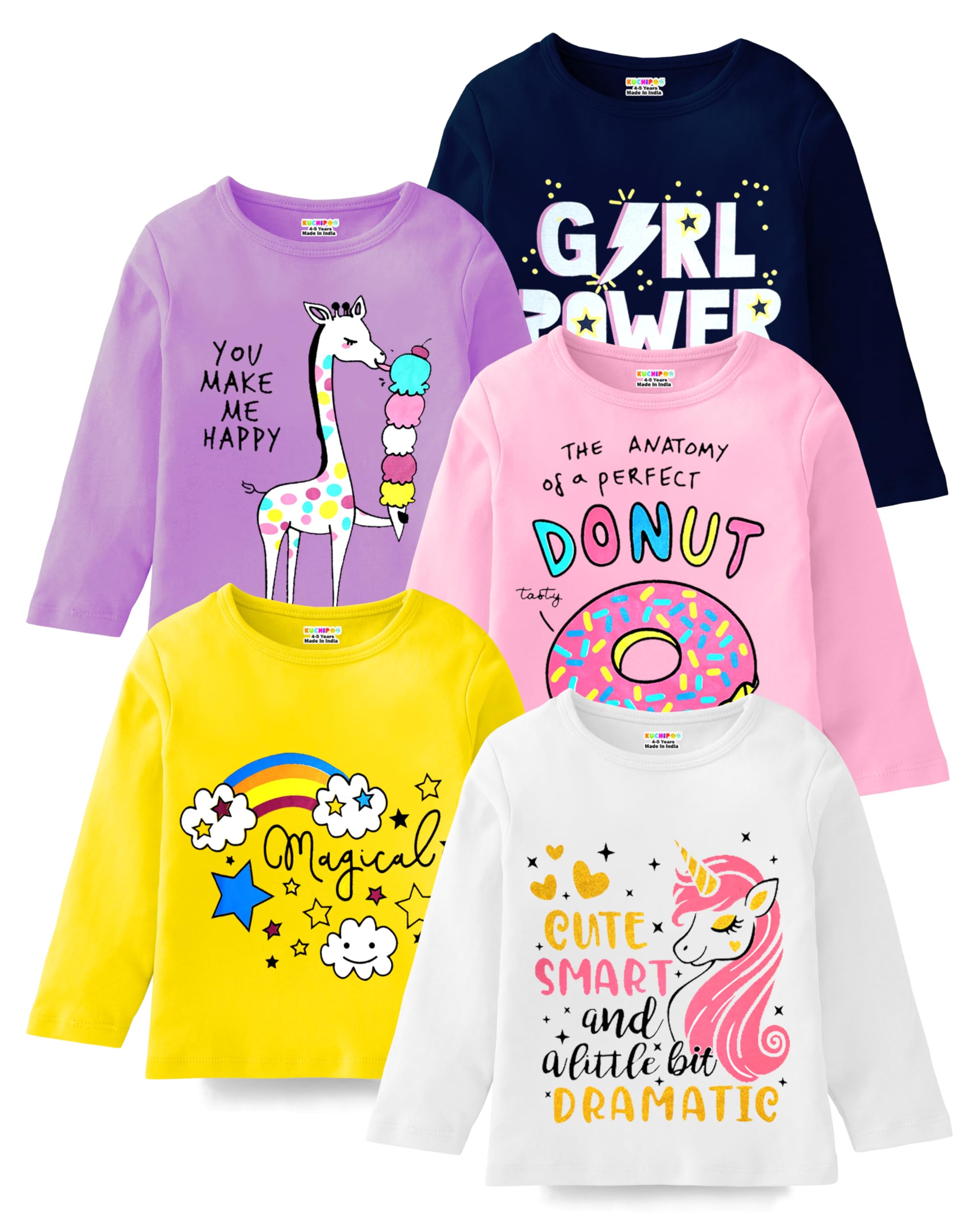 Kuchipoo Girls Cotton T-Shirts - Multi-Colored