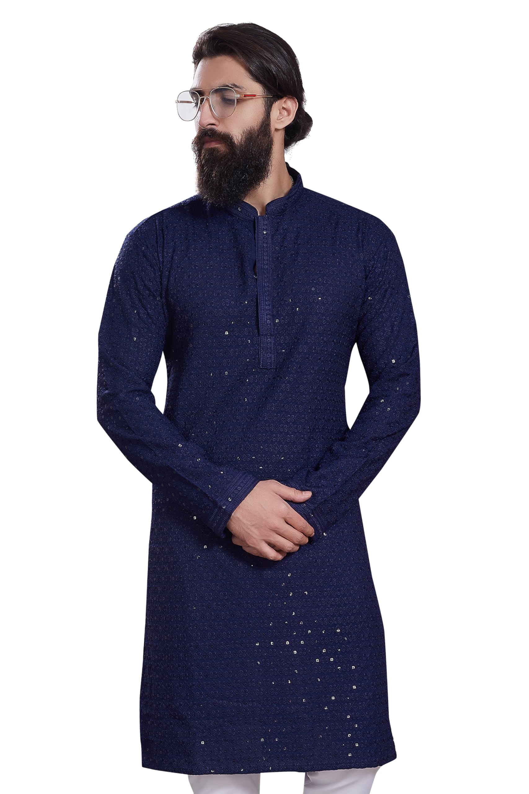 DIVISIVE Men's Sequined Embroidered Kurta - Navy Blue