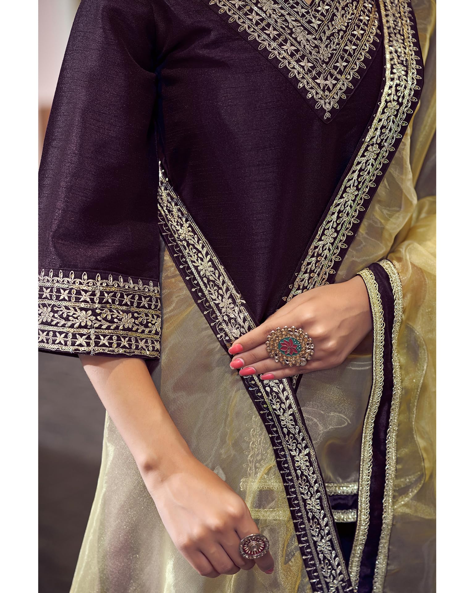 SIRIL Women's Rayon Embroidered Kurta Pant Set - Wine - Image 5