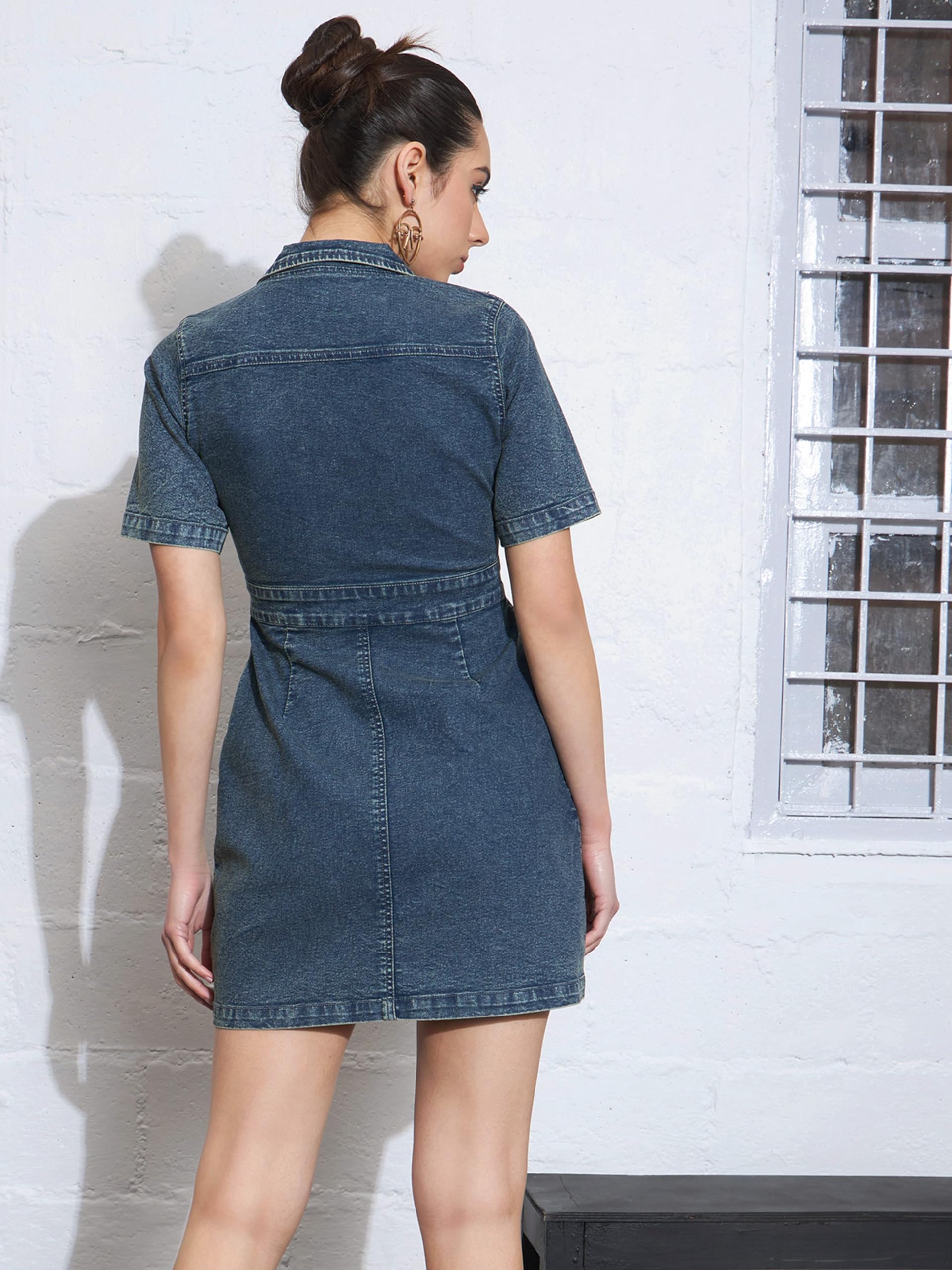 SASSAFRAS Blue Denim Button Down Collar Mini Dress for Women - Image 3