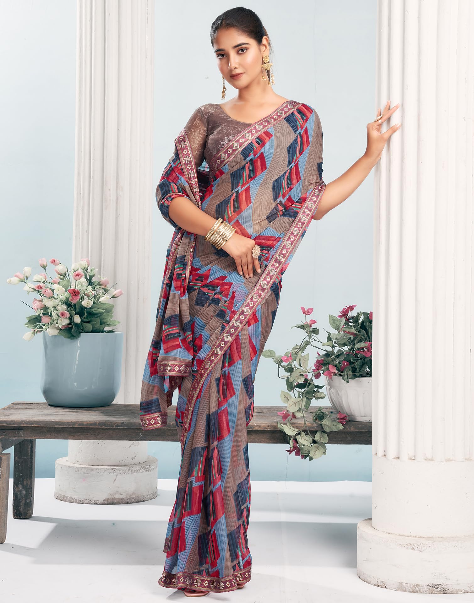 SIRIL Women's Chiffon Printed Saree - Brown - Image 3