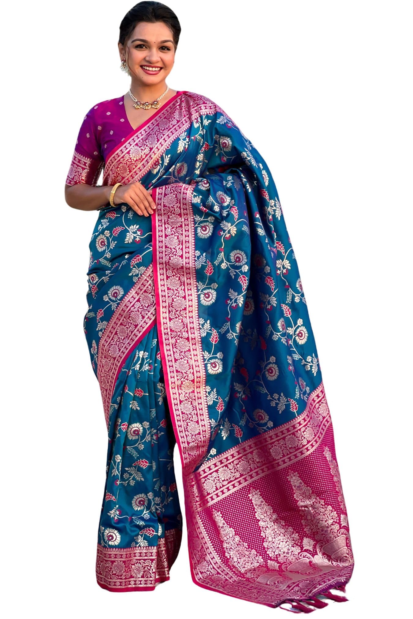 GarbGlide Women's Kanjivaram Silk Saree - Rama Blue