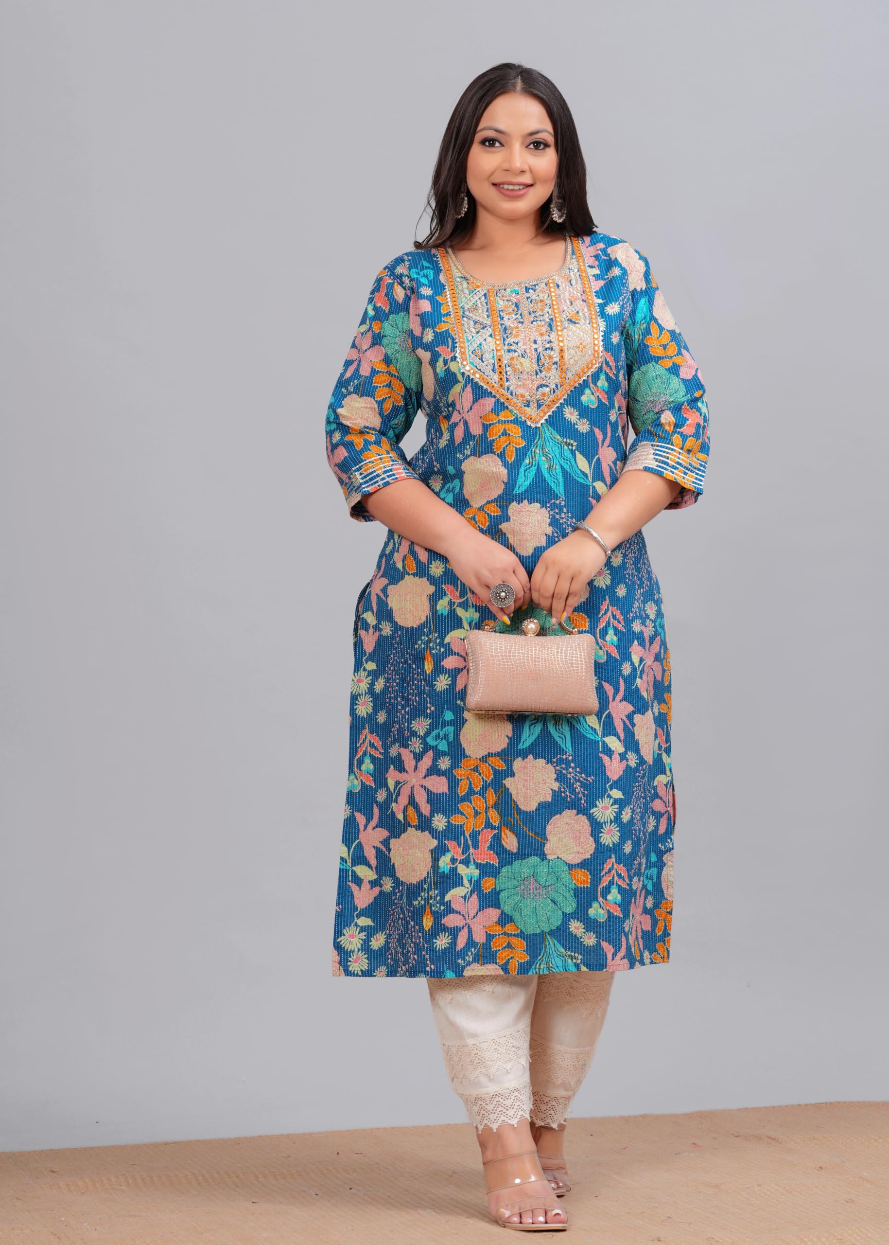LABULY Women Kantha Work Kurta - Blue - Image 2
